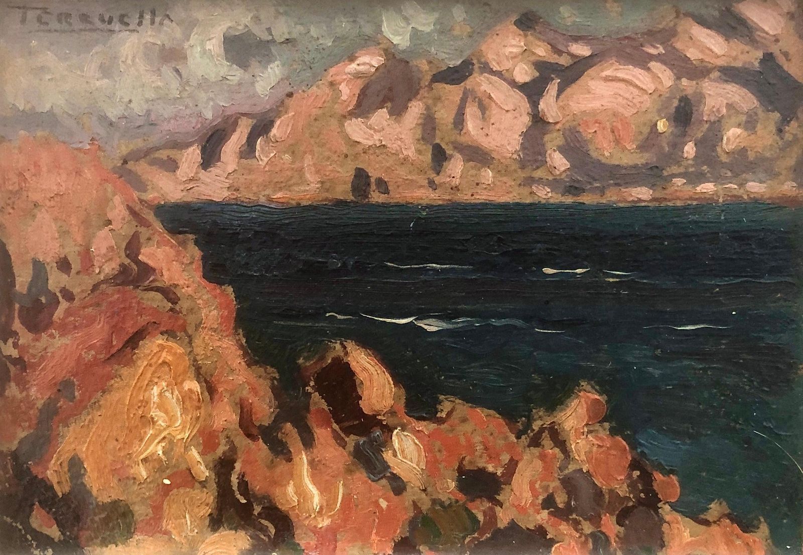 Peinture de paysage côtier impressionniste catalan, Majorque, huile sur carton, vers 1920, par Joaquin Terruella Matilla