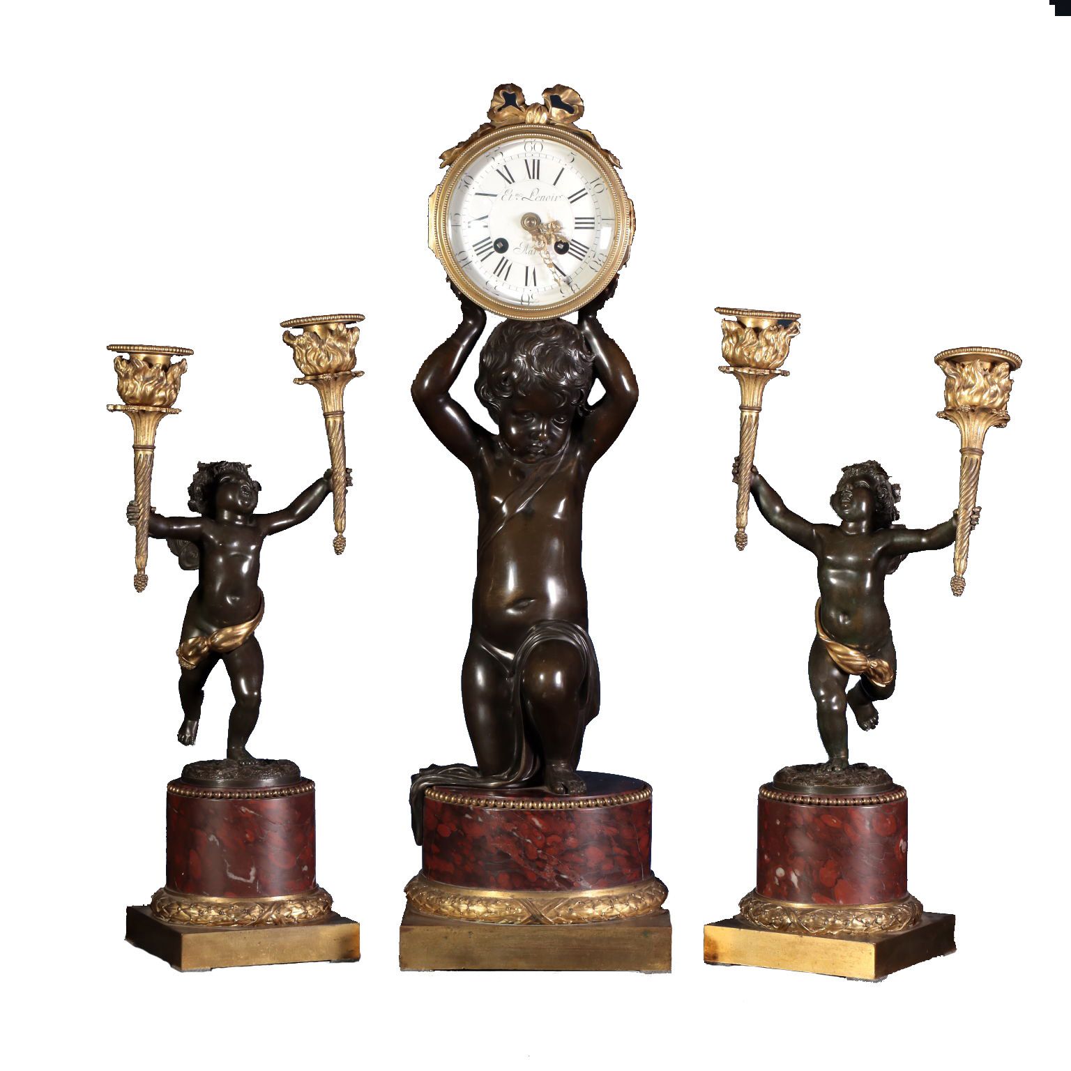 Bronze Triptych With Clock And Candelabra   Attributed To Lenoir And Dasson