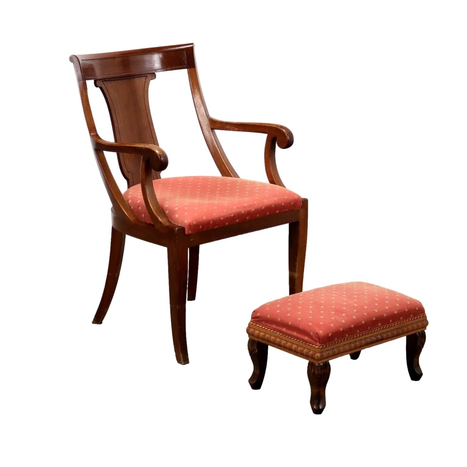 Antique Armchair Walnut Fabric With Footrest XIX Century