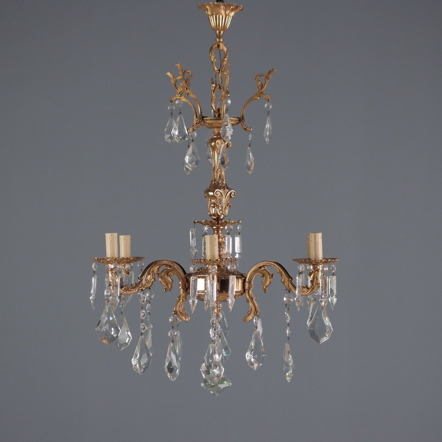 Chandelier Rococo Style Bronze Crystal Italy XX Century