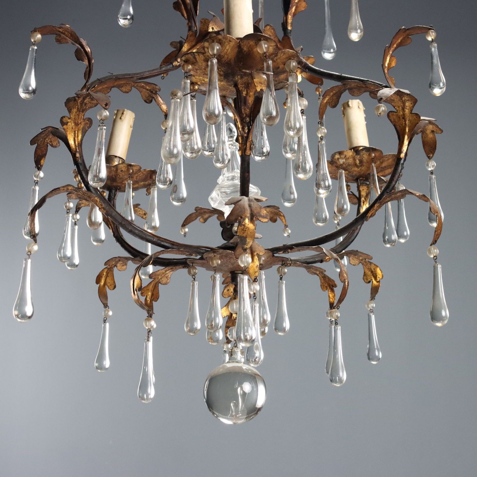 Antique Chandelier Iron Gilded Sheeth Metal Late XIX Century photo vintage
