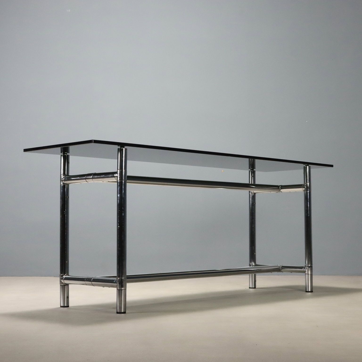 Vintage consoletafel, glas en verchroomd metaal, Italiaans design, jaren 1980 photo vintage