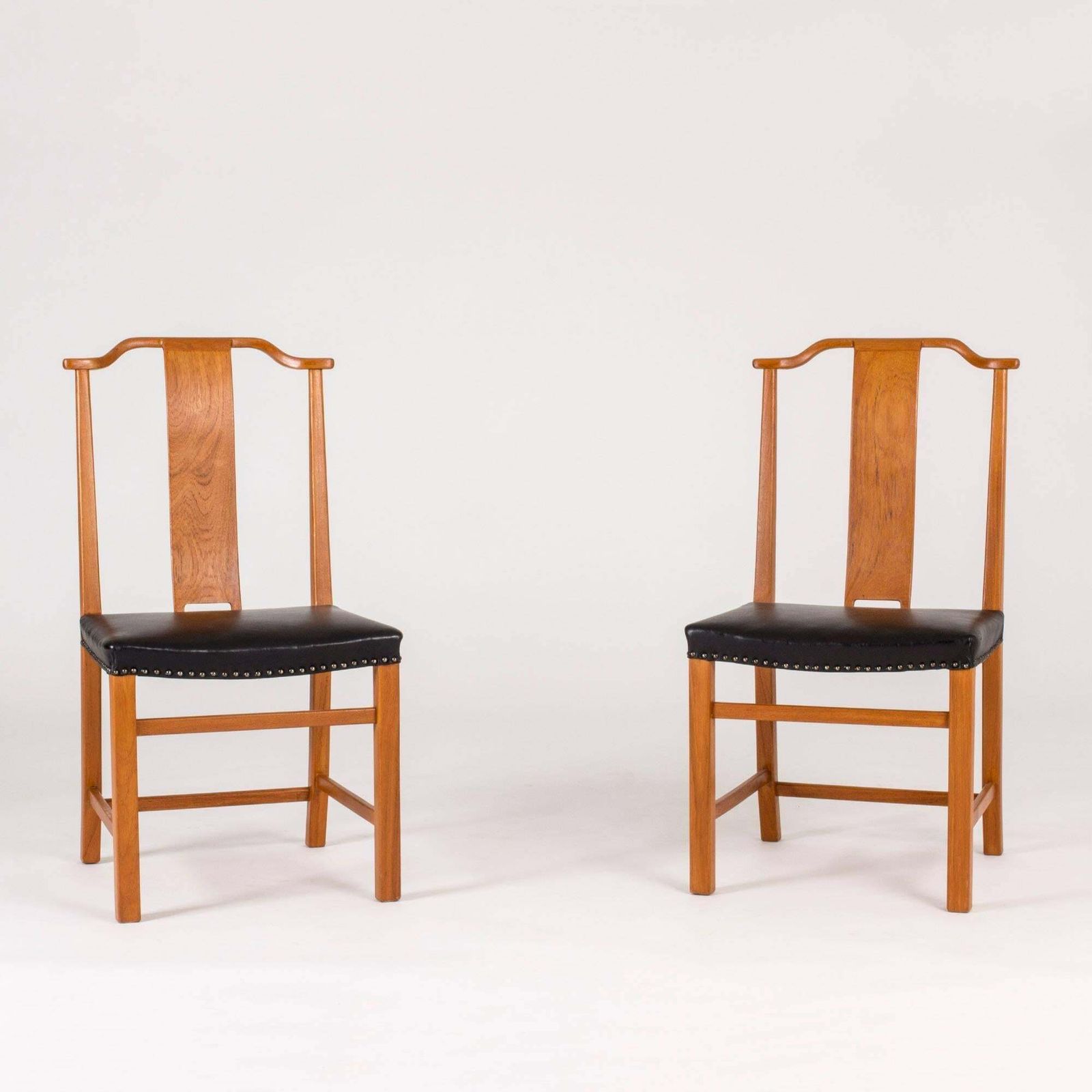 Set Of 12 Axel Larsson Dining Chairs, Stained Elmwood & Leather, 1940s photo for sale
