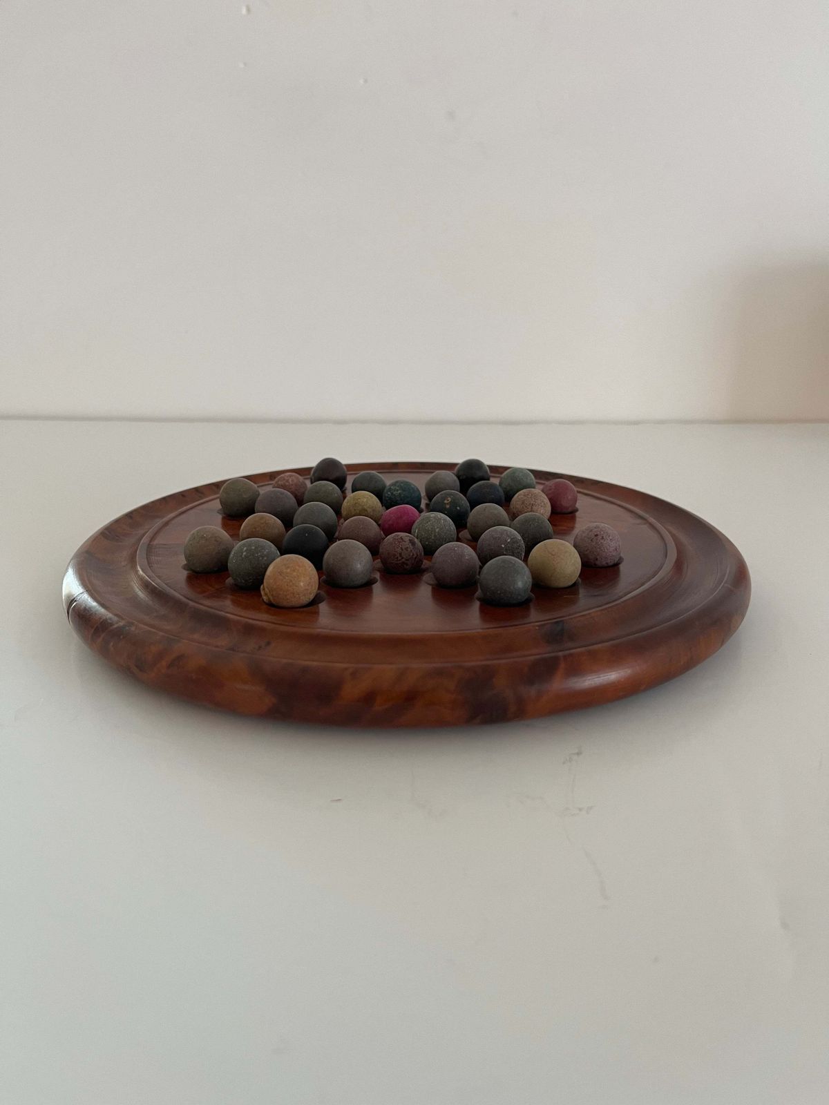 Marble Solitaire Board Game With 33 Handmade 19th Century Clay Or Stone Marbles. photo 265.0