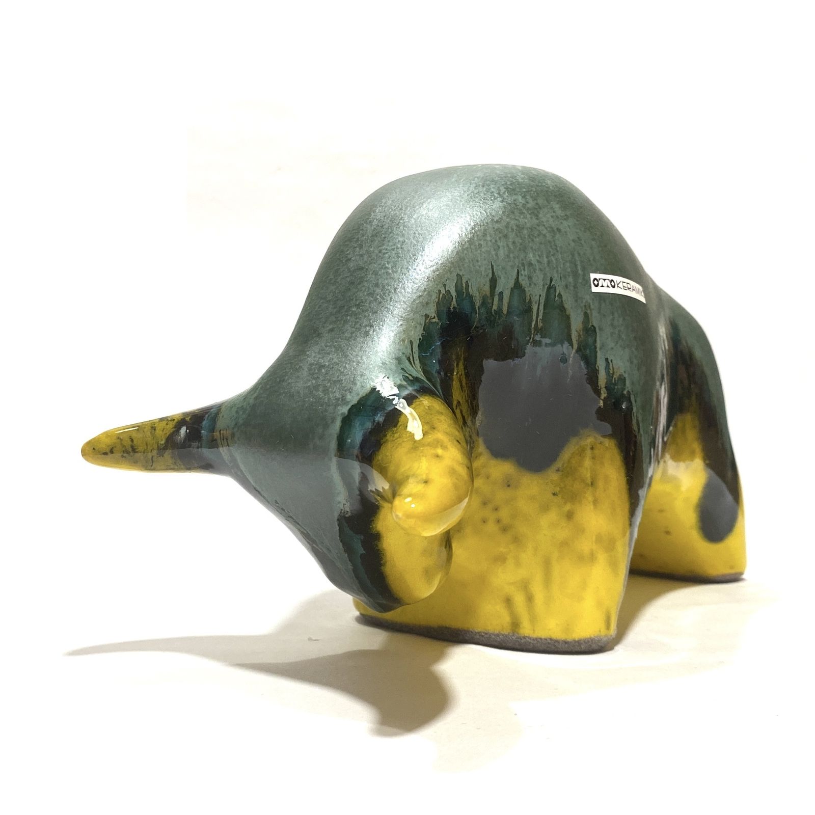 Otto Keramik Bull In Green Over Yellow Drip Glaze, West German Pottery Style Sculpture photo for sale