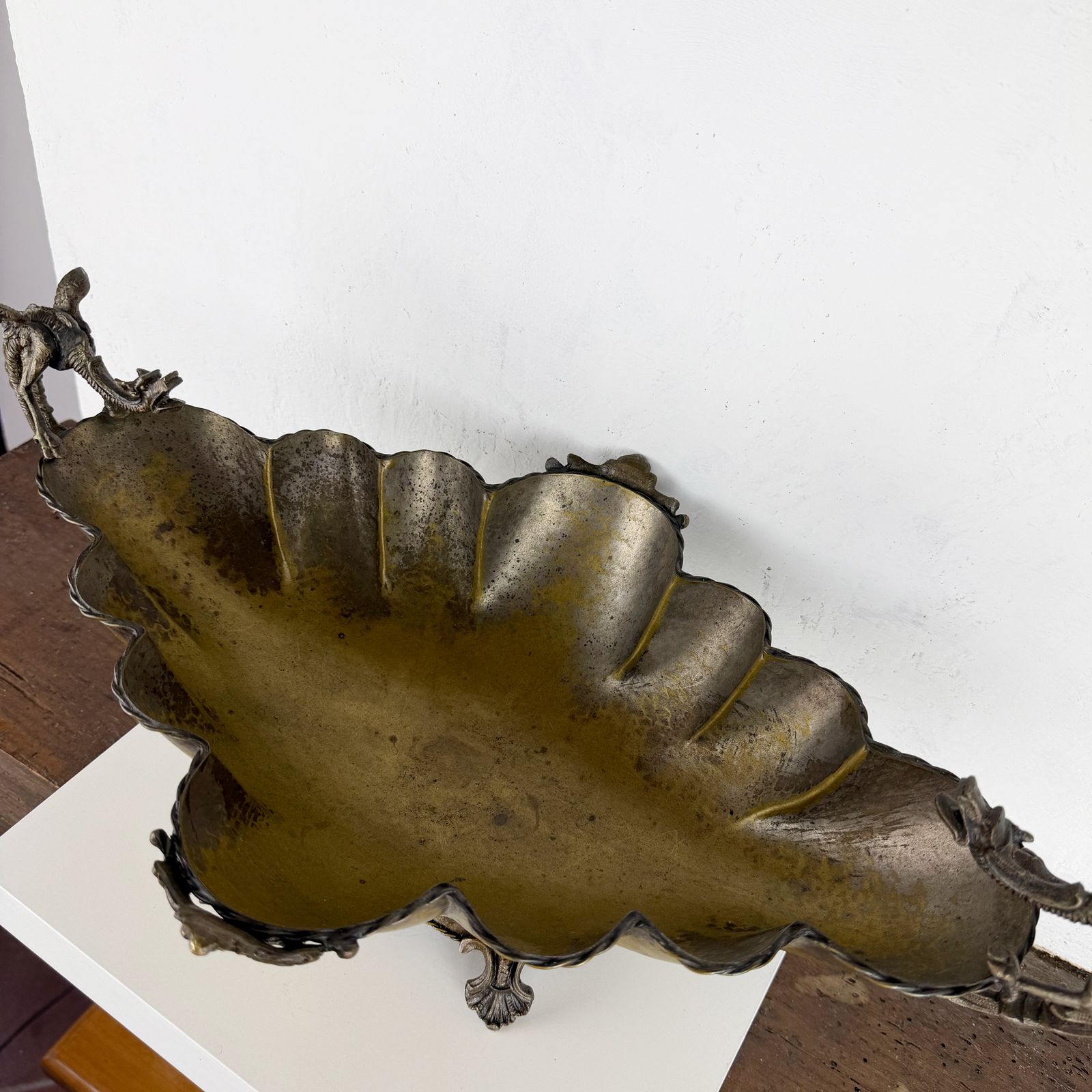259.0 Antique Silverplate Centerpiece With Dragon Handles, Footed Jardinière Or Fruit Bowl photo