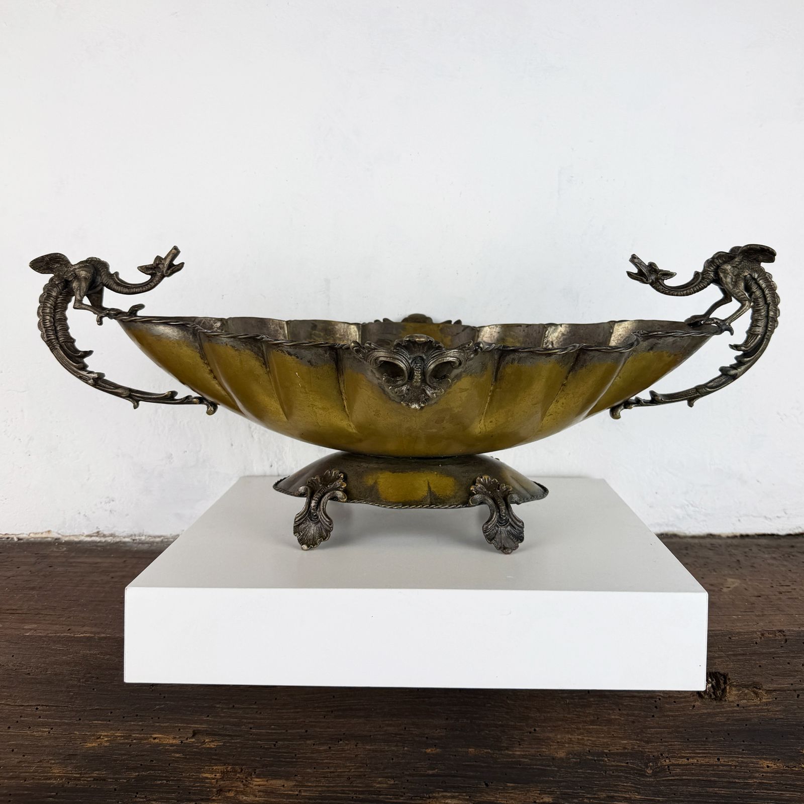 Antique Silverplate Centerpiece With Dragon Handles, Footed Jardinière Or Fruit Bowl photo 259.0