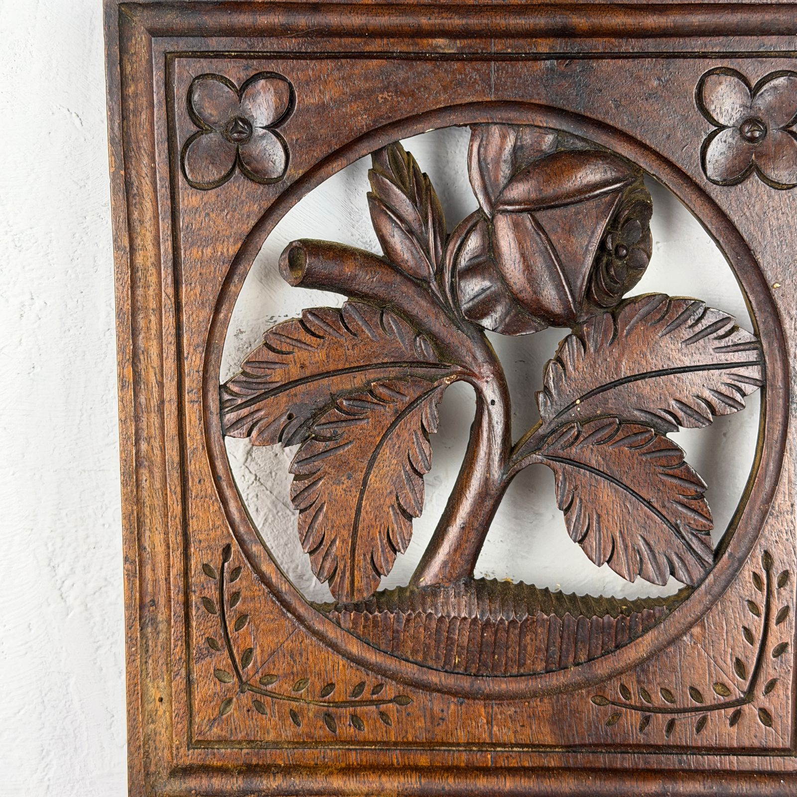 Antique French Carved Wooden Panel Fragment With Rose Motif, Architectural Salvage photo for sale