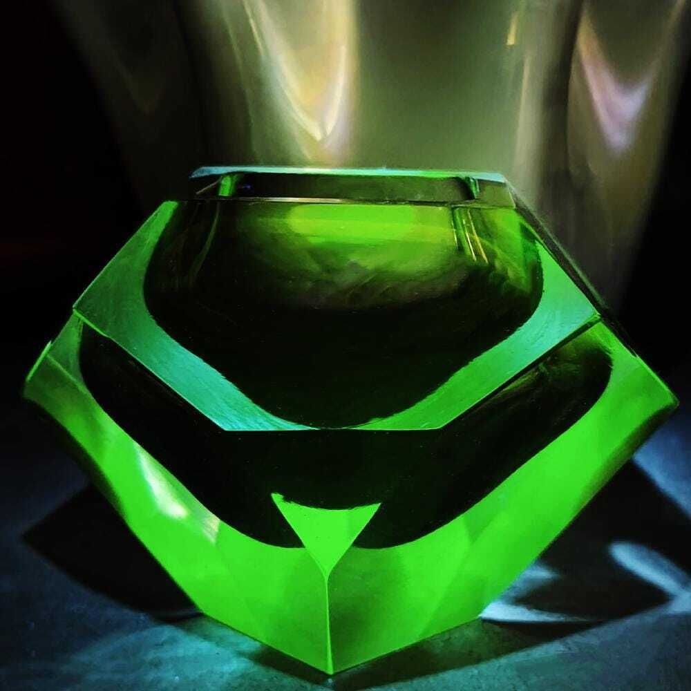 1960s Asymmetrical Uranium Multifaceted Ashtray In Murano Glass. Made In Murano, Italy photo furniture