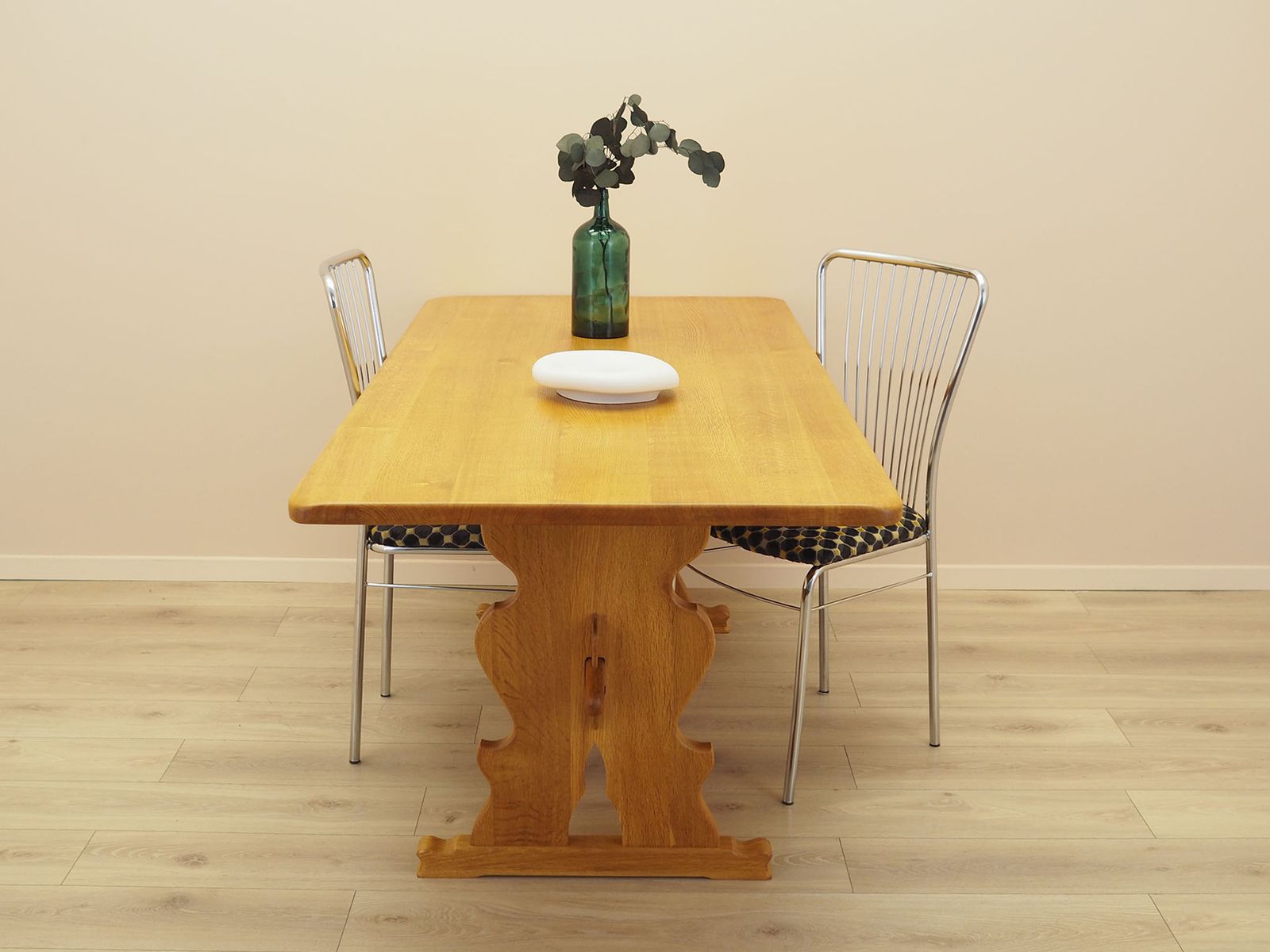Danish Solid Oak Dining Table, Trestle Construction, 1960s photo furniture