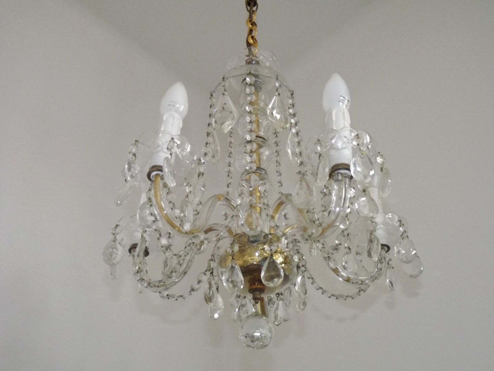French Vintage Maria Theresa Gold Metal & Glass 5 Light Crystal Chandelier photo for sale