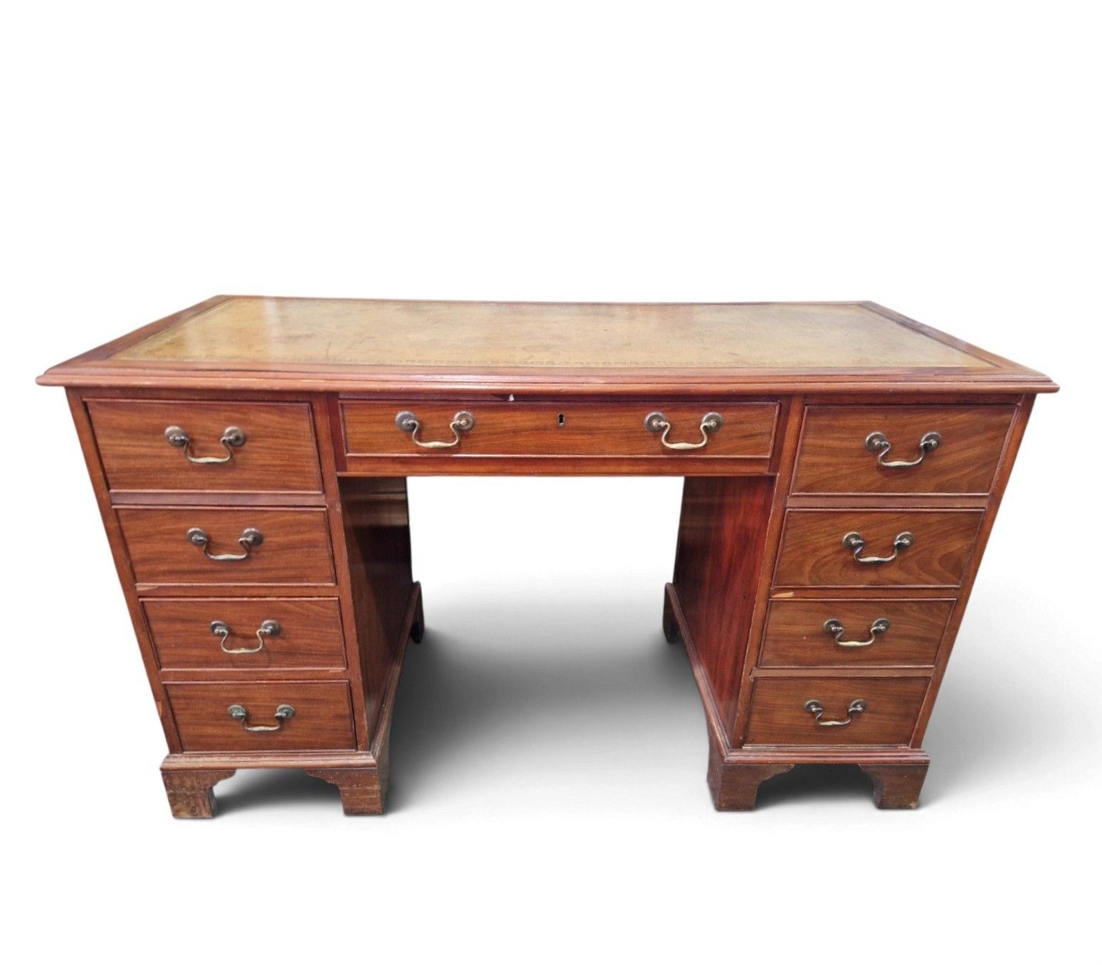 Antique Mahogany Pedestal Desk Leather Top 9 Drawer Kneehole photo Furniture