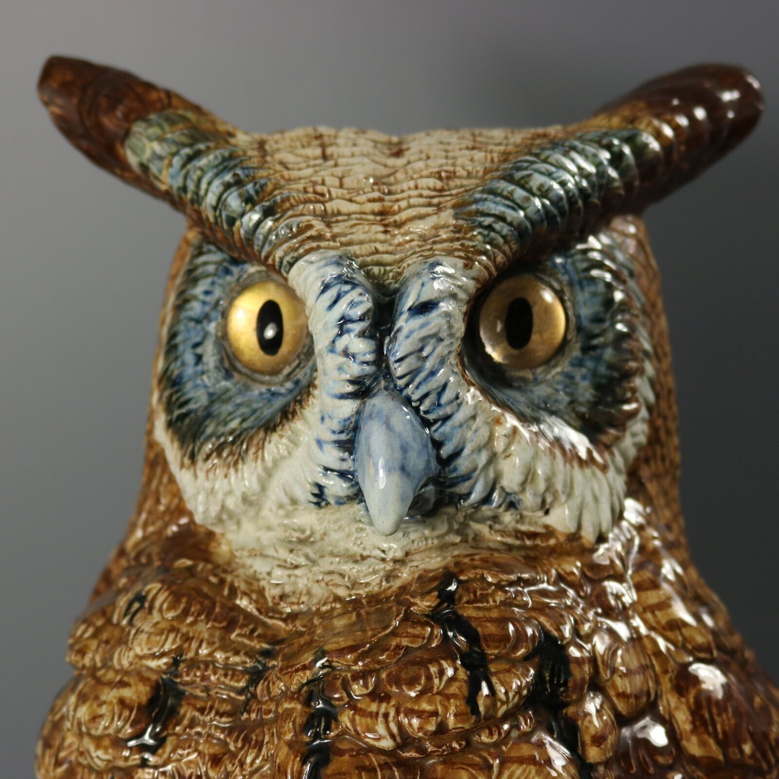 photo for sale Rare Hugo Lonitz Majolica Eagle Owl Figure