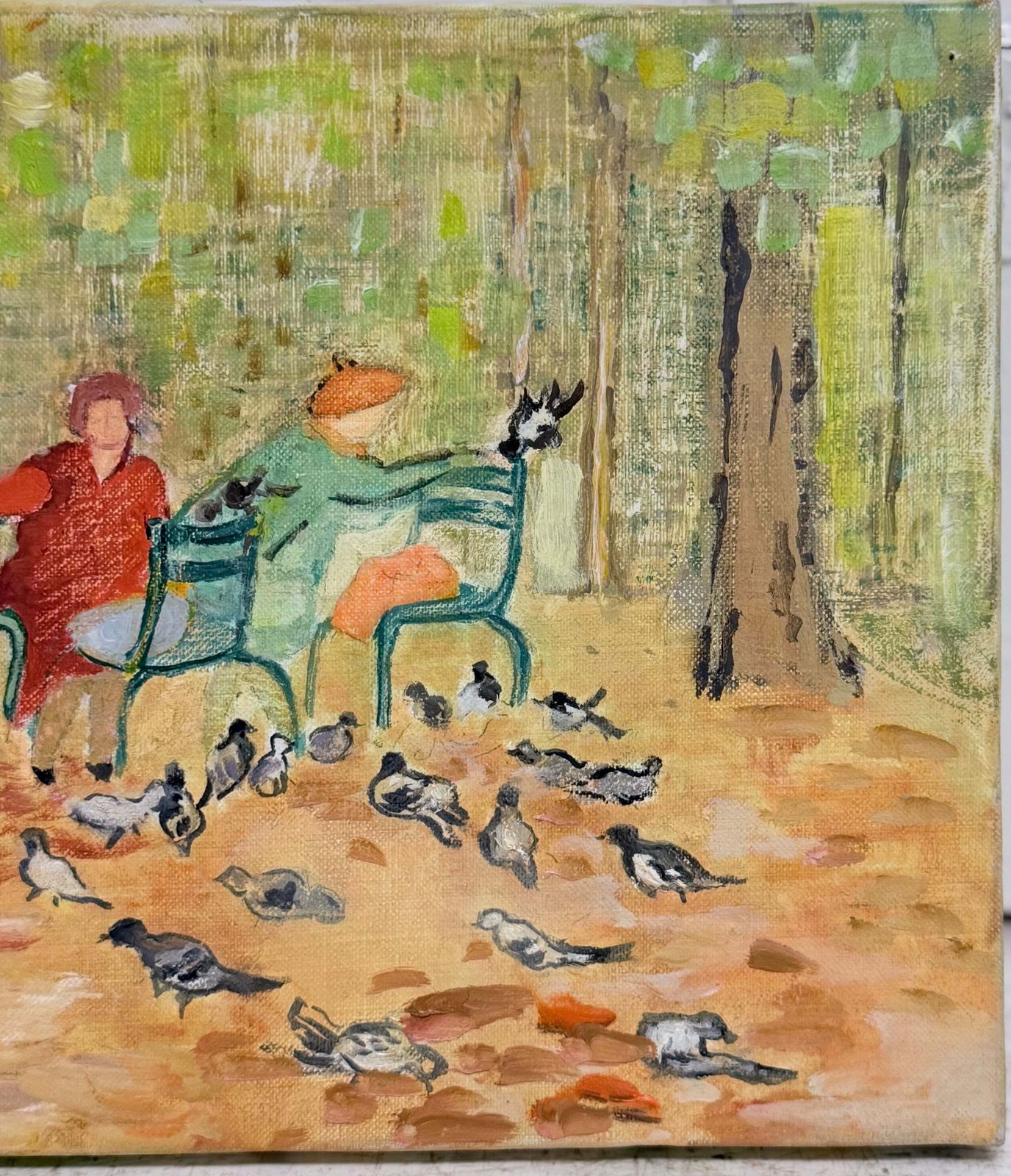Pigeons dans un sous-bois automnal, peinture moderniste acrylique, XXe siècle photo for sale