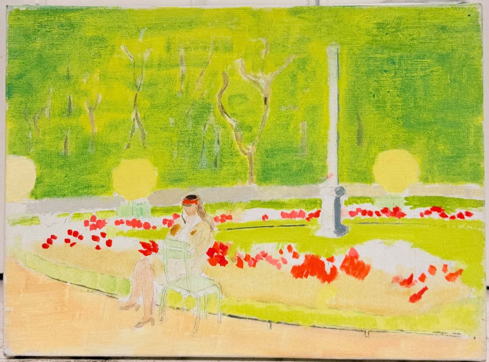 Figure lisant parmi les coquelicots rouges dans le Jardin du Luxembourg, moderniste, XXe siècle photo furniture