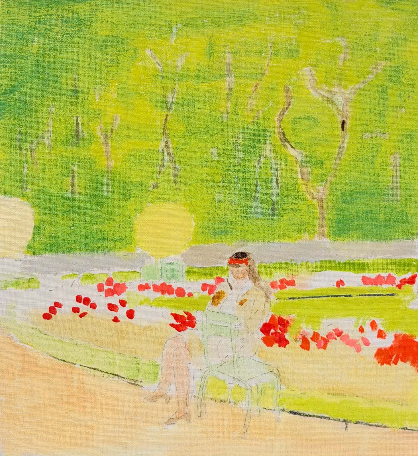 Figure lisant parmi les coquelicots rouges dans le Jardin du Luxembourg, moderniste, XXe siècle photo for sale