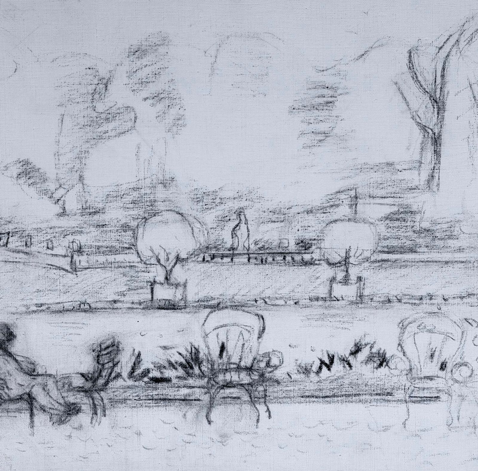 Personnages assis dans un parc parisien, dessin moderniste français, XXe siècle photo 403.0