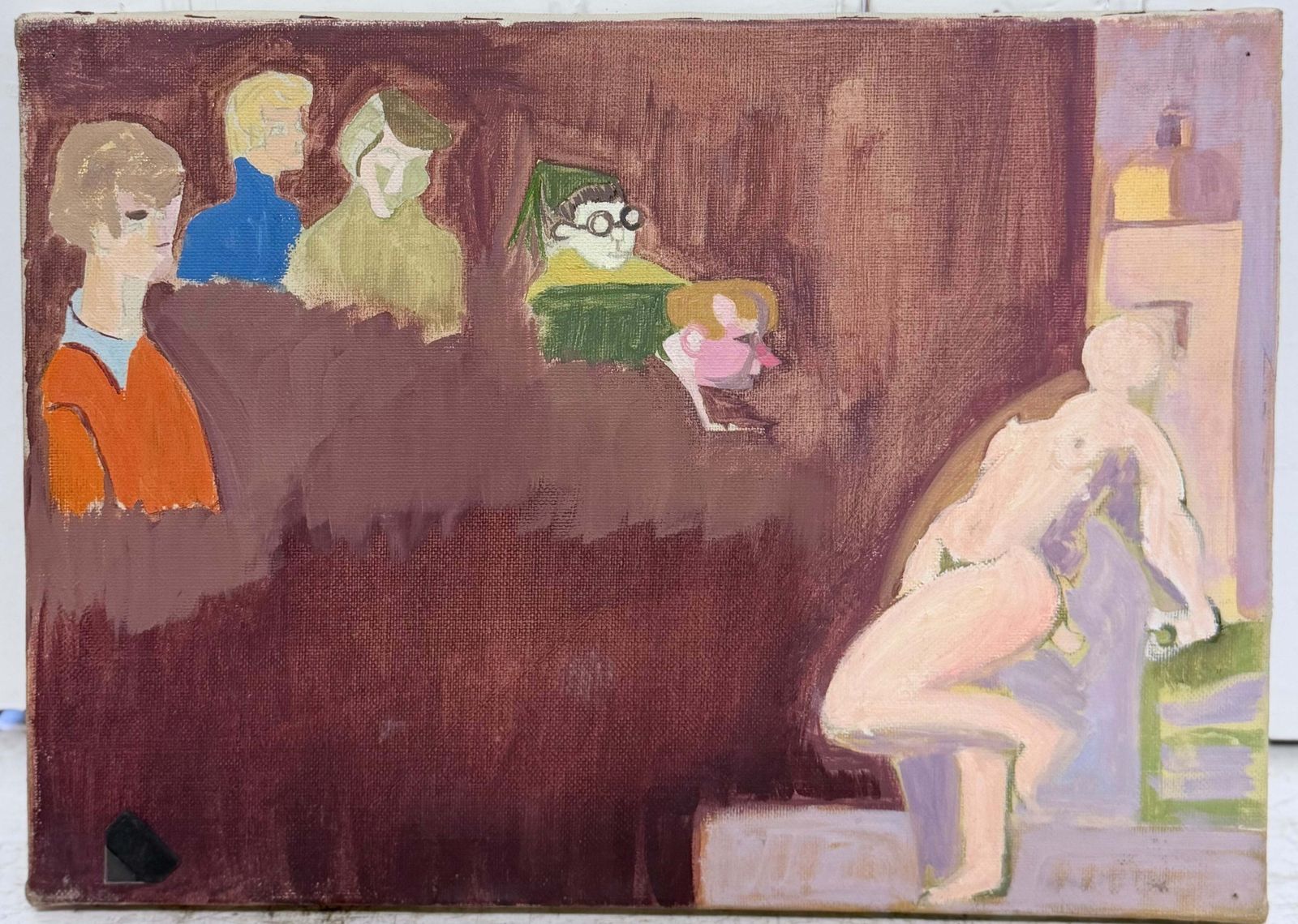 Figures Watching A Nude Model French Modernist 20th Century Oil Painting photo furniture