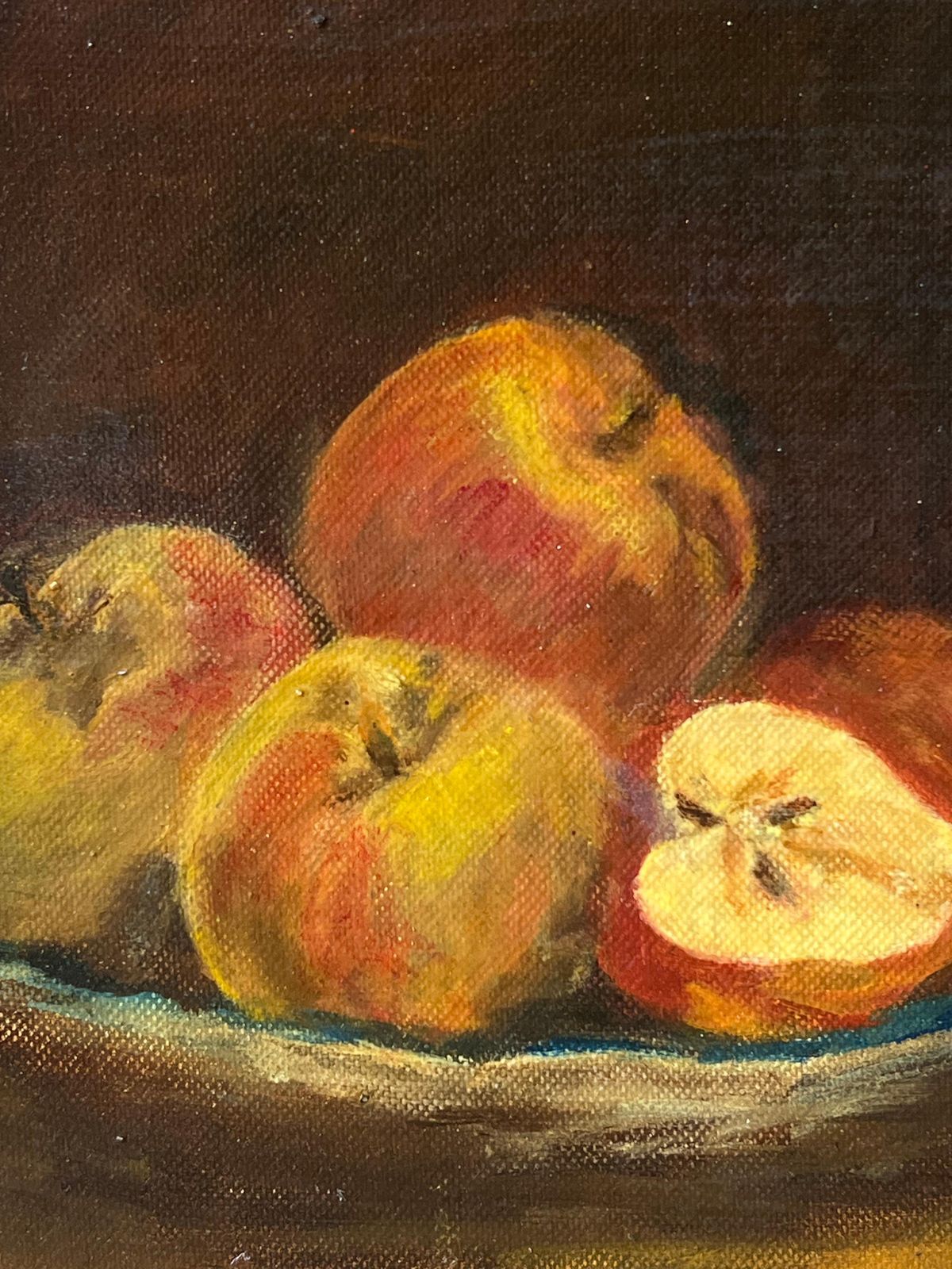 Peinture à l'huile d'époque, nature morte aux pommes sur table, lumière douce, signée, école française photo 704.0