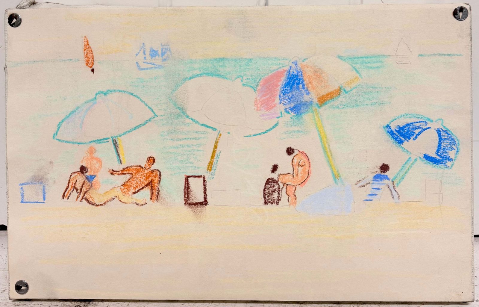 Personnages sous des parasols colorés sur une plage française, pastel moderniste, XXe siècle photo furniture
