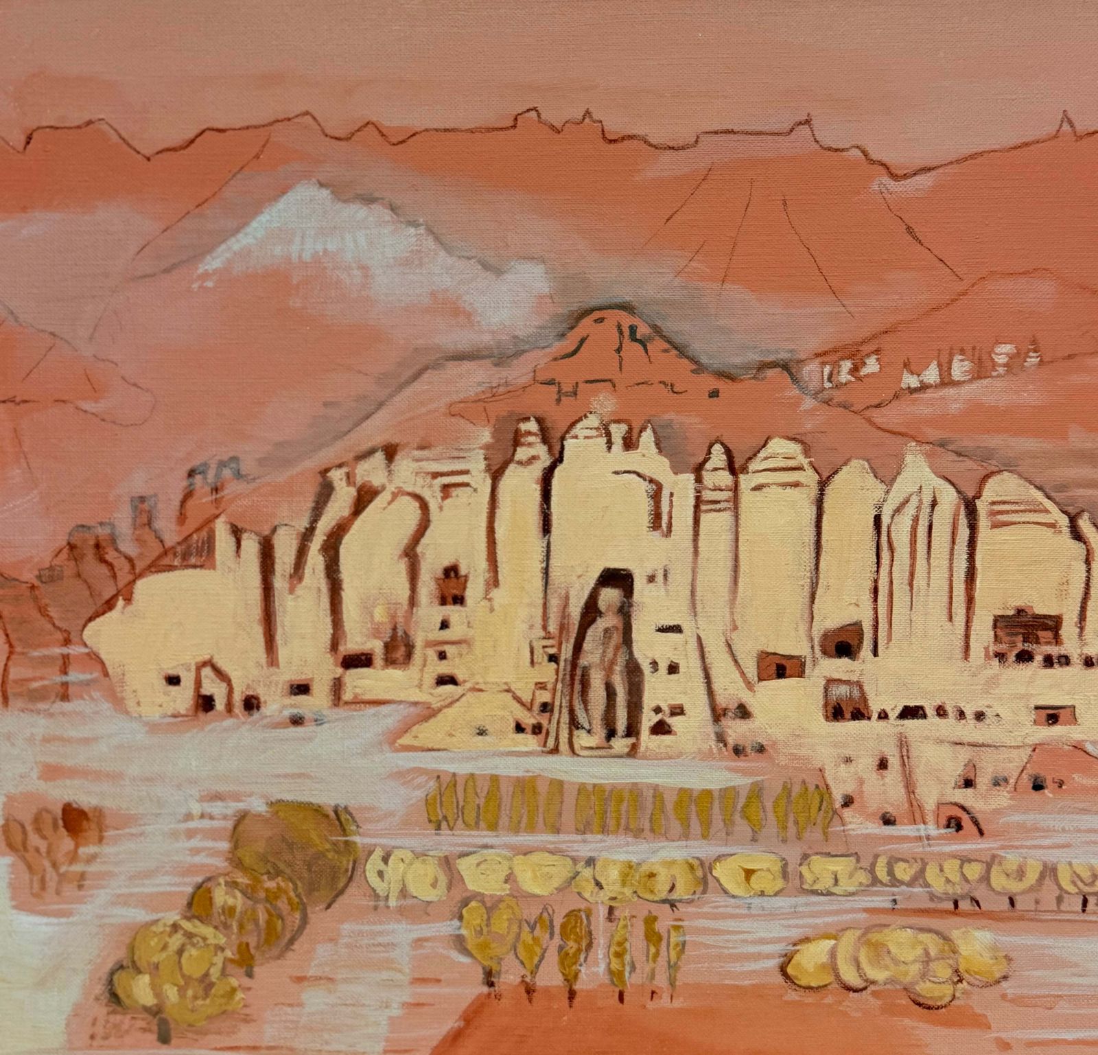 Ancient Desert City And Mountain Landscape French Modernist 20th.C Oil Painting photo Art