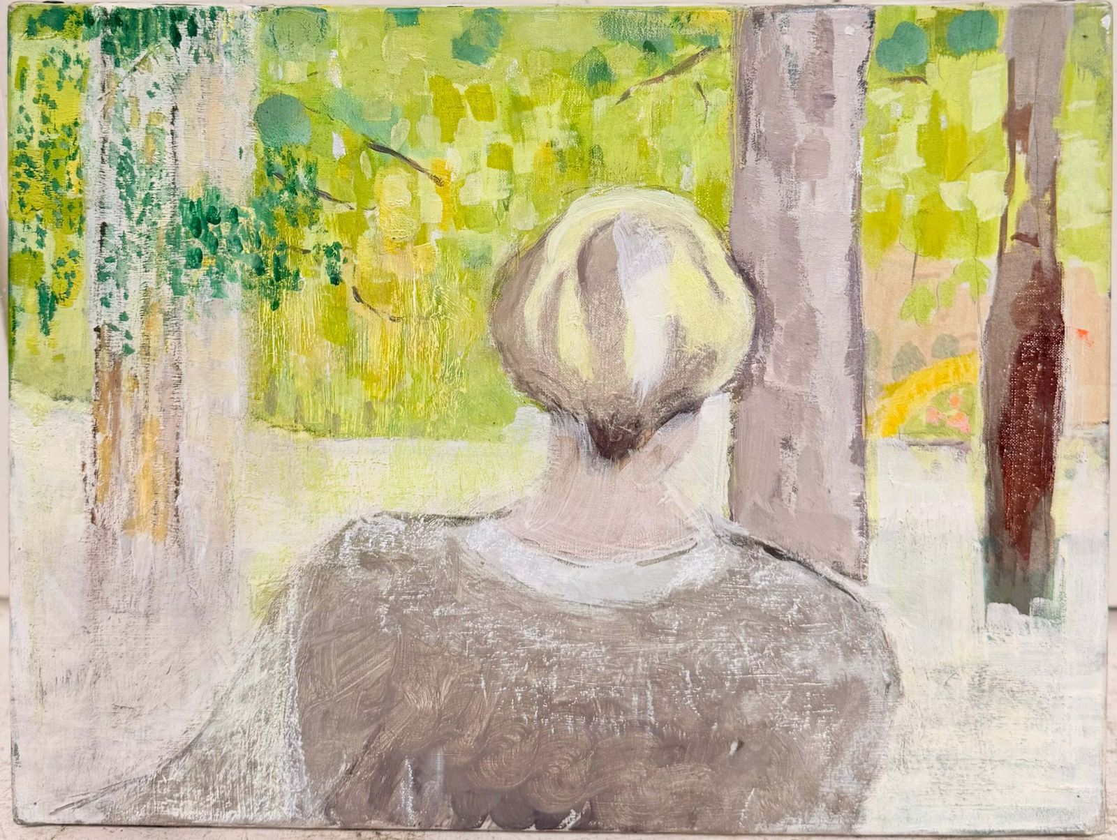 Figure blonde regardant vers un bois, peinture moderniste française, XXe siècle, huile sur toile photo furniture