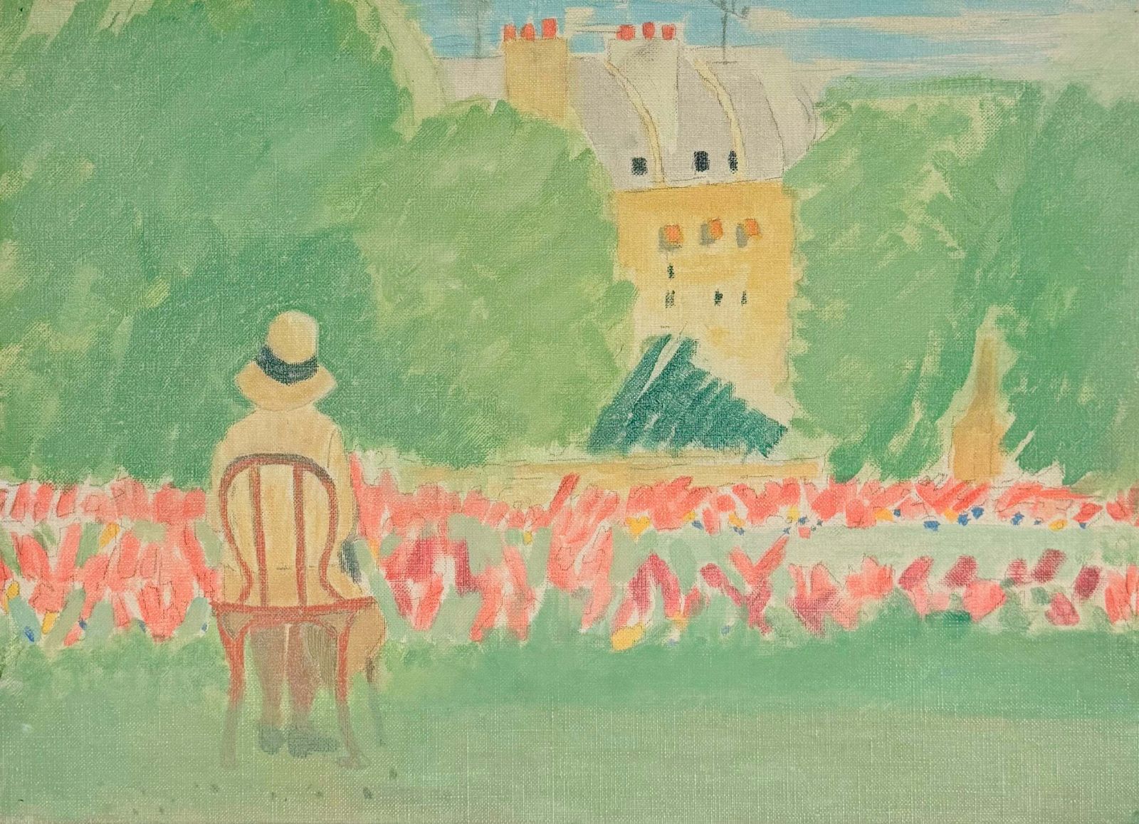 Peaceful Figure In The Jardin Du Luxembourg Paris 20th.C Modernist Oil Painting