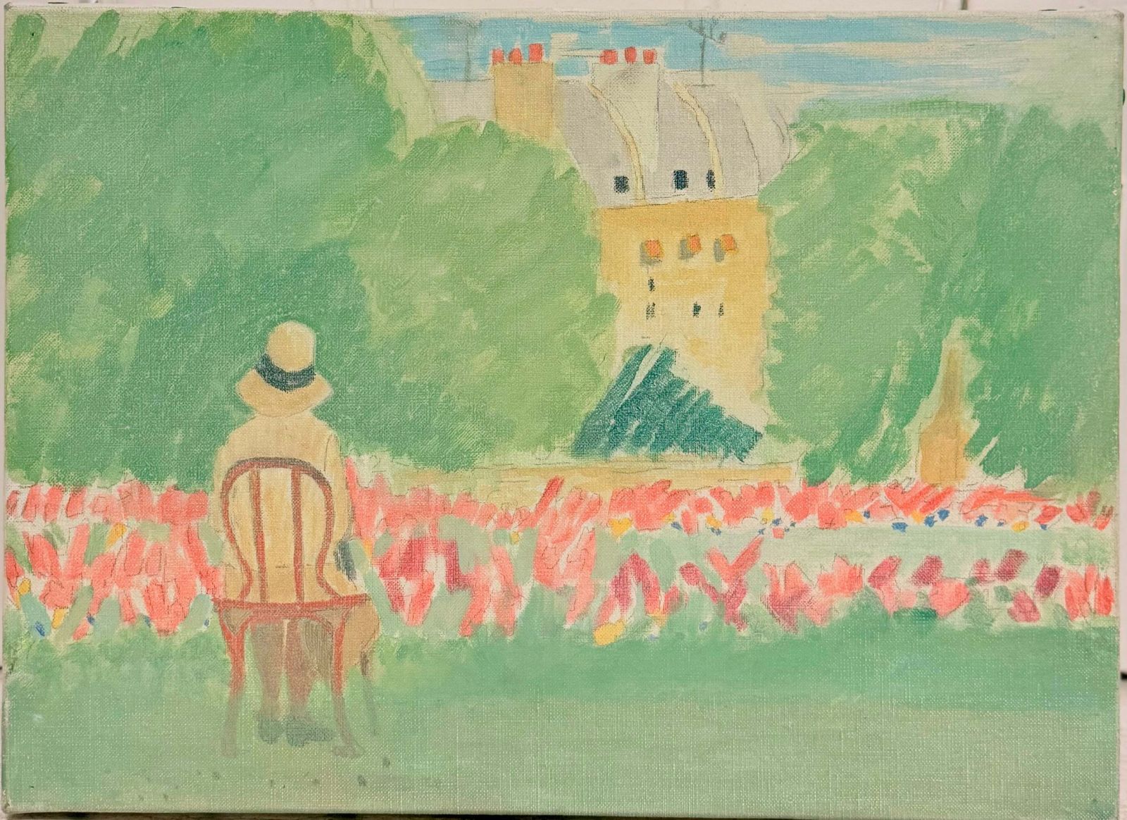 Peaceful Figure In The Jardin Du Luxembourg Paris 20th.C Modernist Oil Painting photo furniture