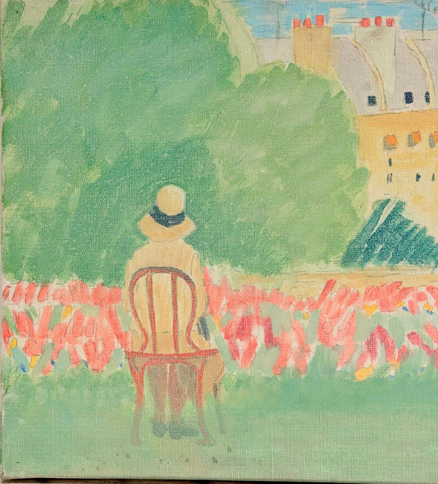 Peaceful Figure In The Jardin Du Luxembourg Paris 20th.C Modernist Oil Painting photo 586.0