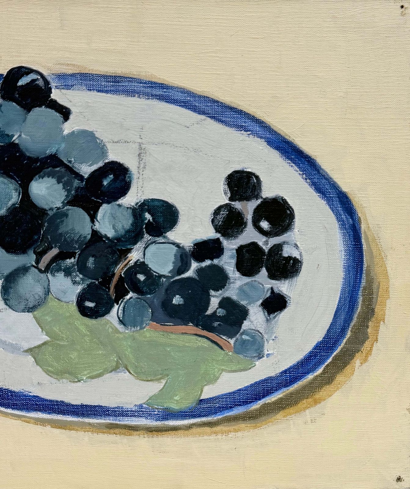 Still Life Of Black Grapes On A Blue And White Plate French Modernist Oil photo for sale