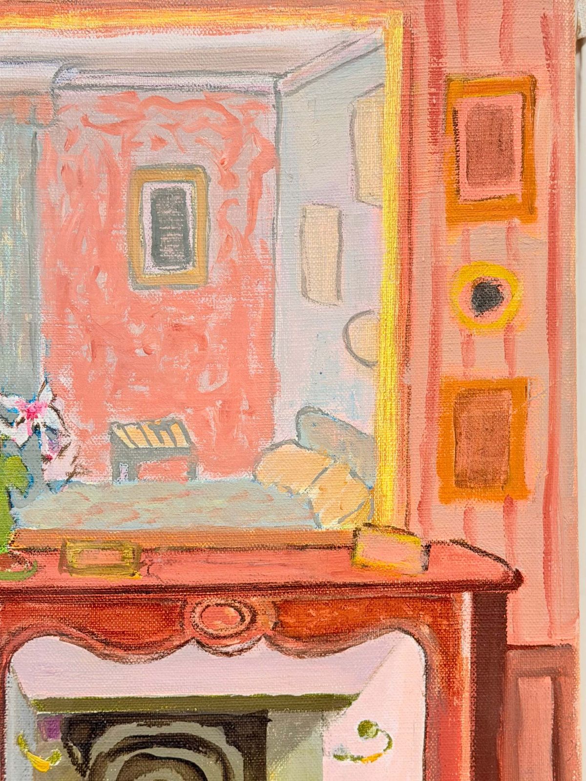 Colourful French Interior With Fireplace And Flowers Modernist Oil Painting photo 530.0