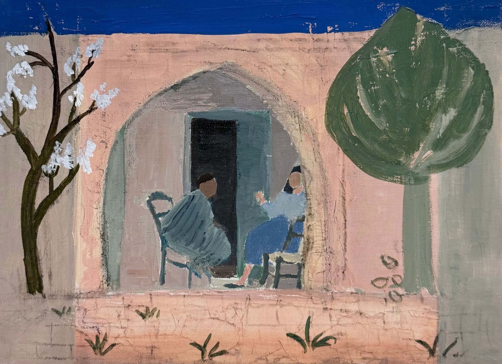 Personnages assis dans un jardin méditerranéen à arcades, peinture moderniste à l'huile, XXe siècle