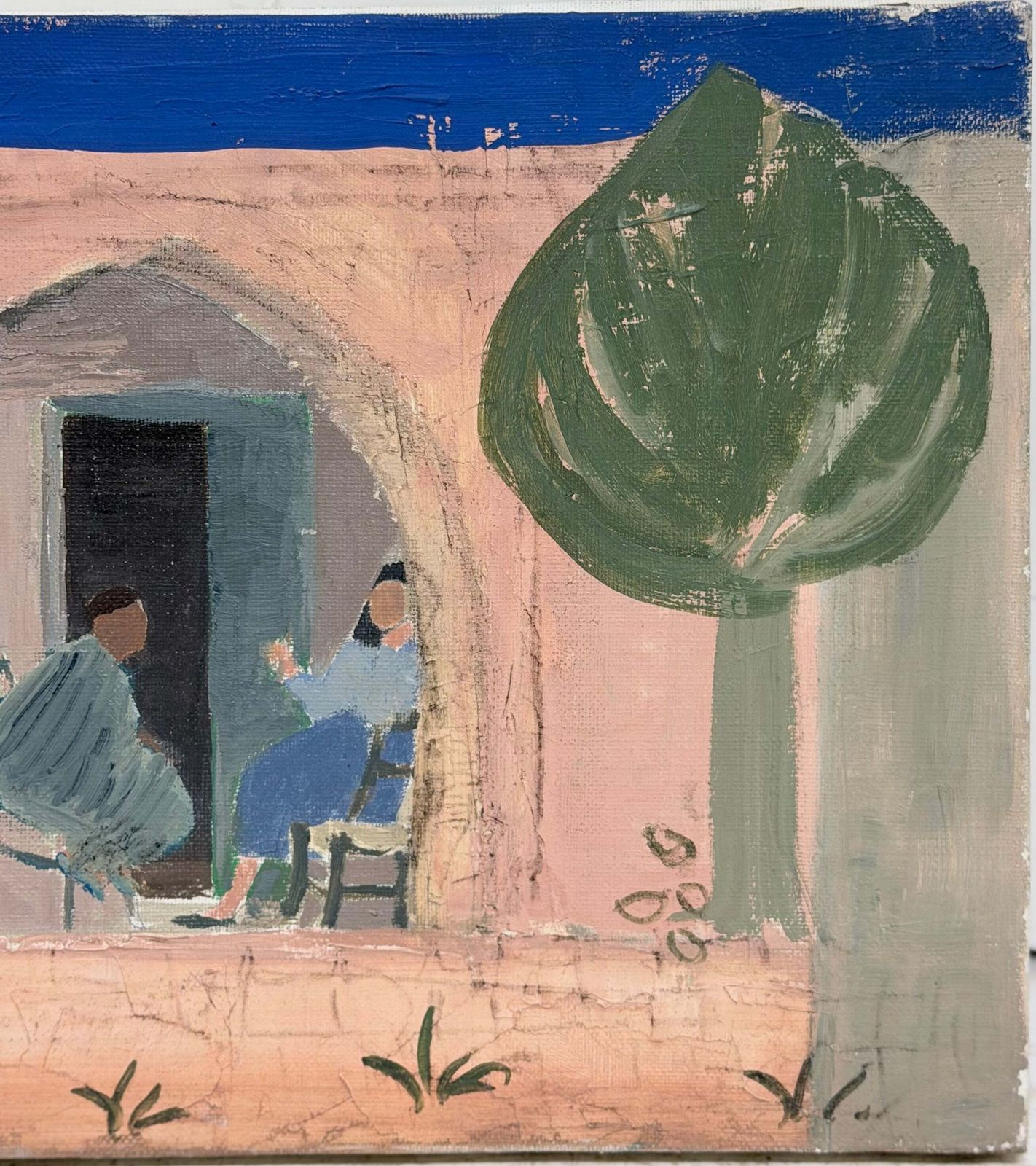 Personnages assis dans un jardin méditerranéen à arcades, peinture moderniste à l'huile, XXe siècle photo for sale