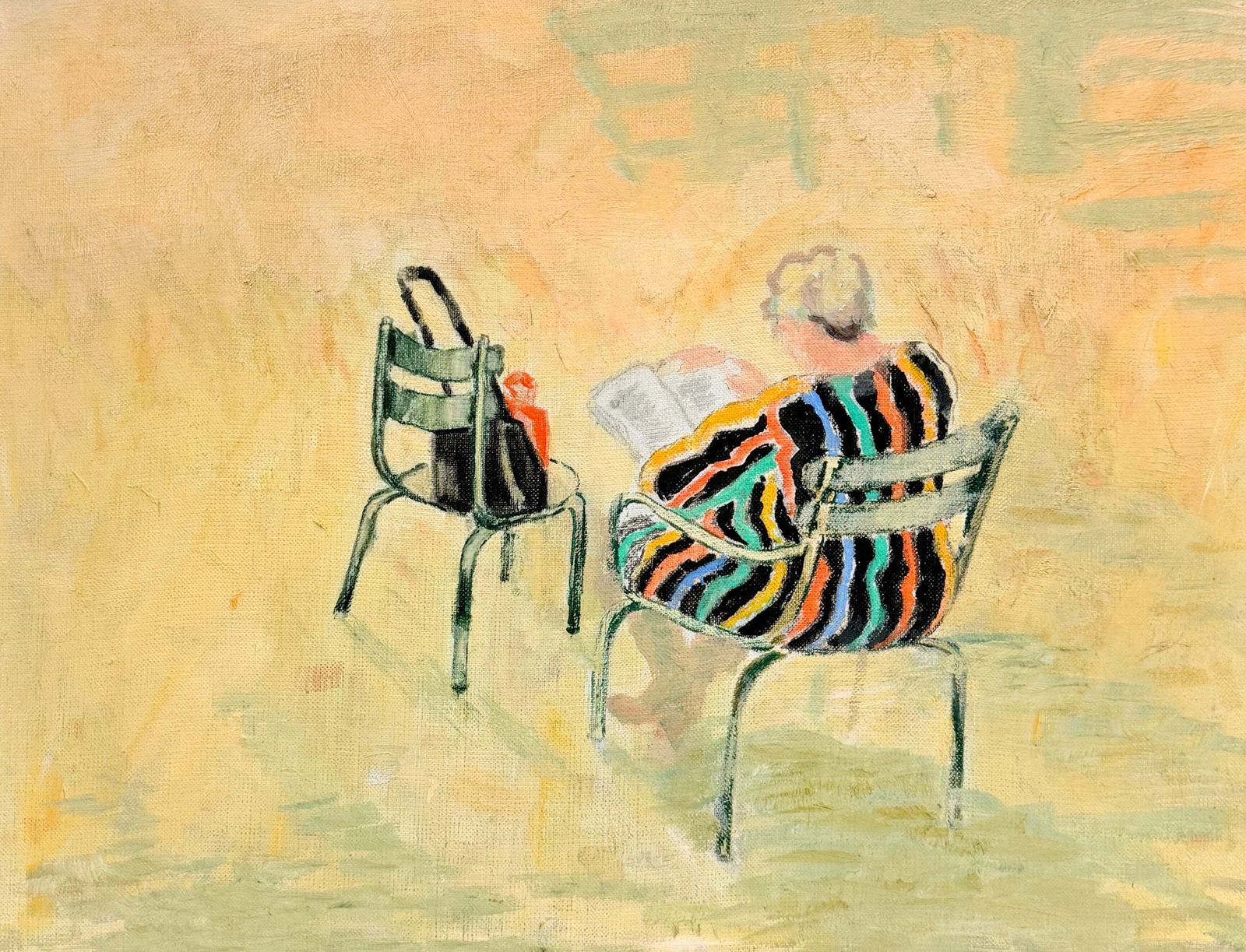 Woman Reading In A Parisian Park Striped Dress French Modernist 20th.C Painting