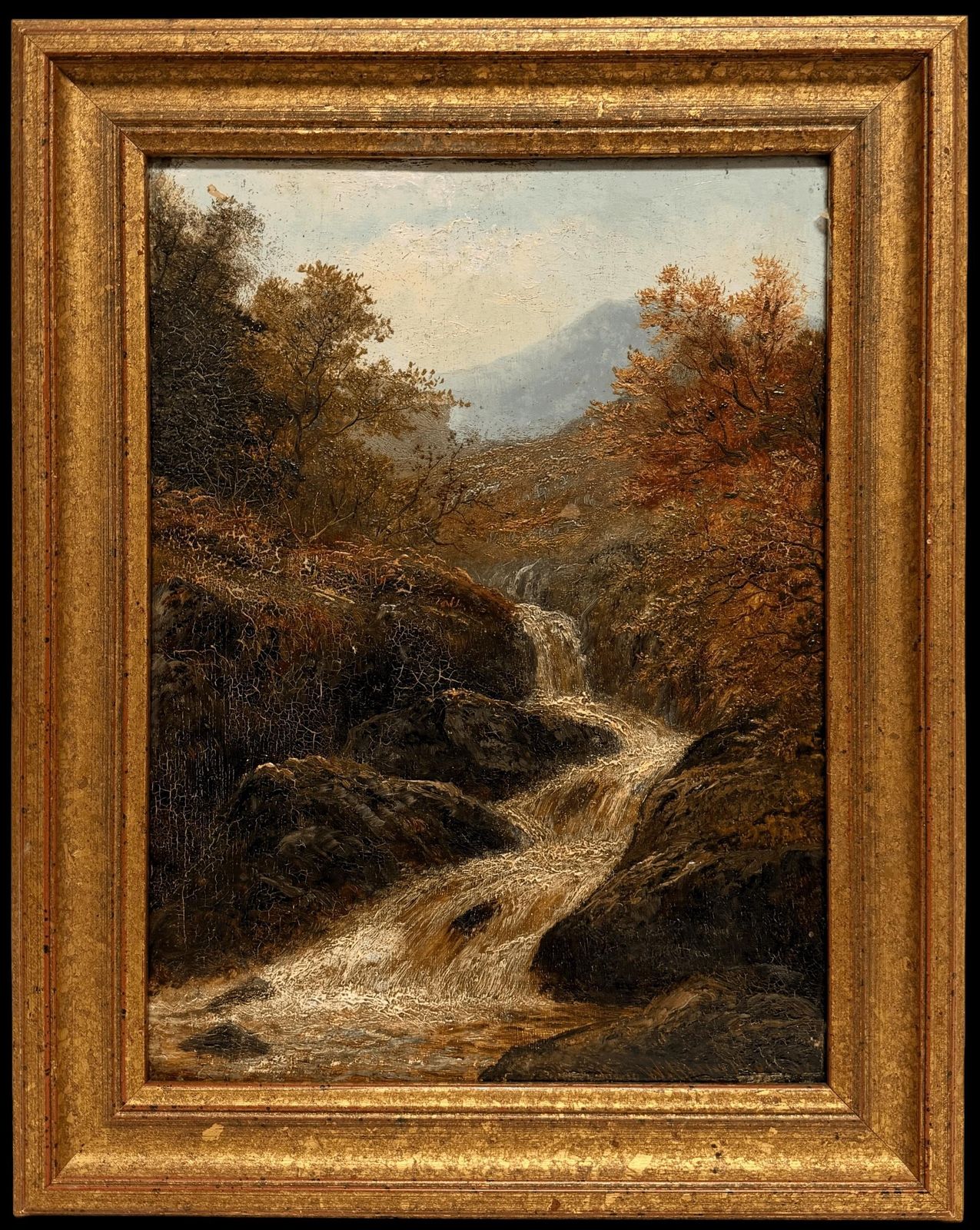 Peinture à l'huile britannique d'époque, paysage de montagne des Highlands avec cascade