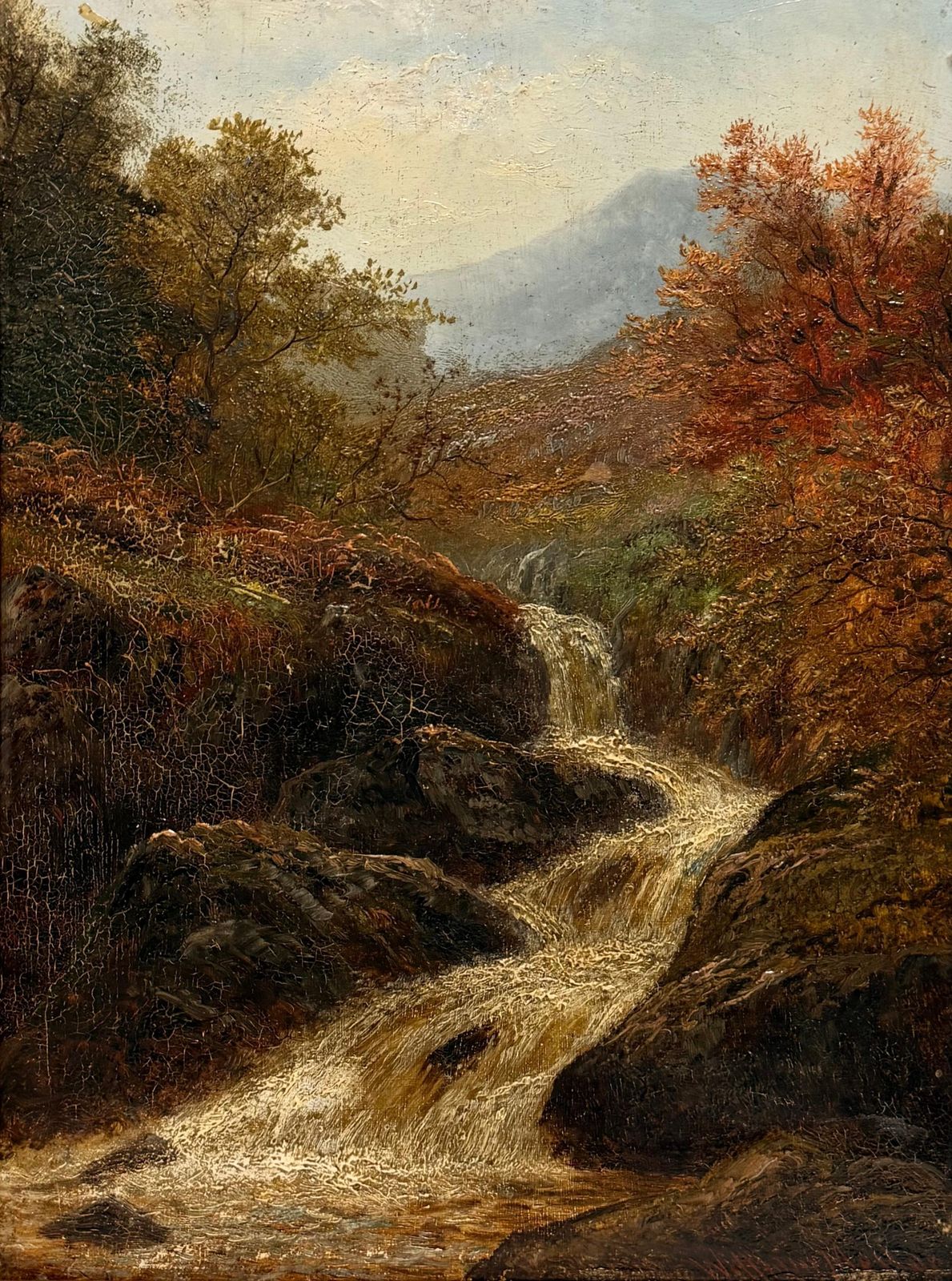 Antique British Oil Painting Highlands Mountain Landscape With Waterfall photo furniture