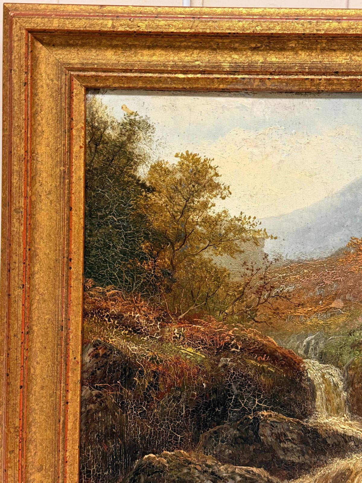 Peinture à l'huile britannique d'époque, paysage de montagne des Highlands avec cascade photo vintage