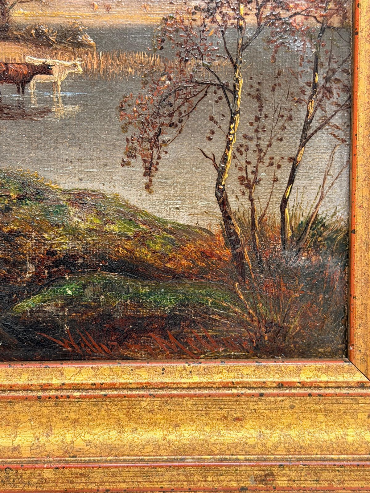 Bétail s'abreuvant dans un paysage automnal des Highlands, peinture à l'huile victorienne britannique d'époque photo Art