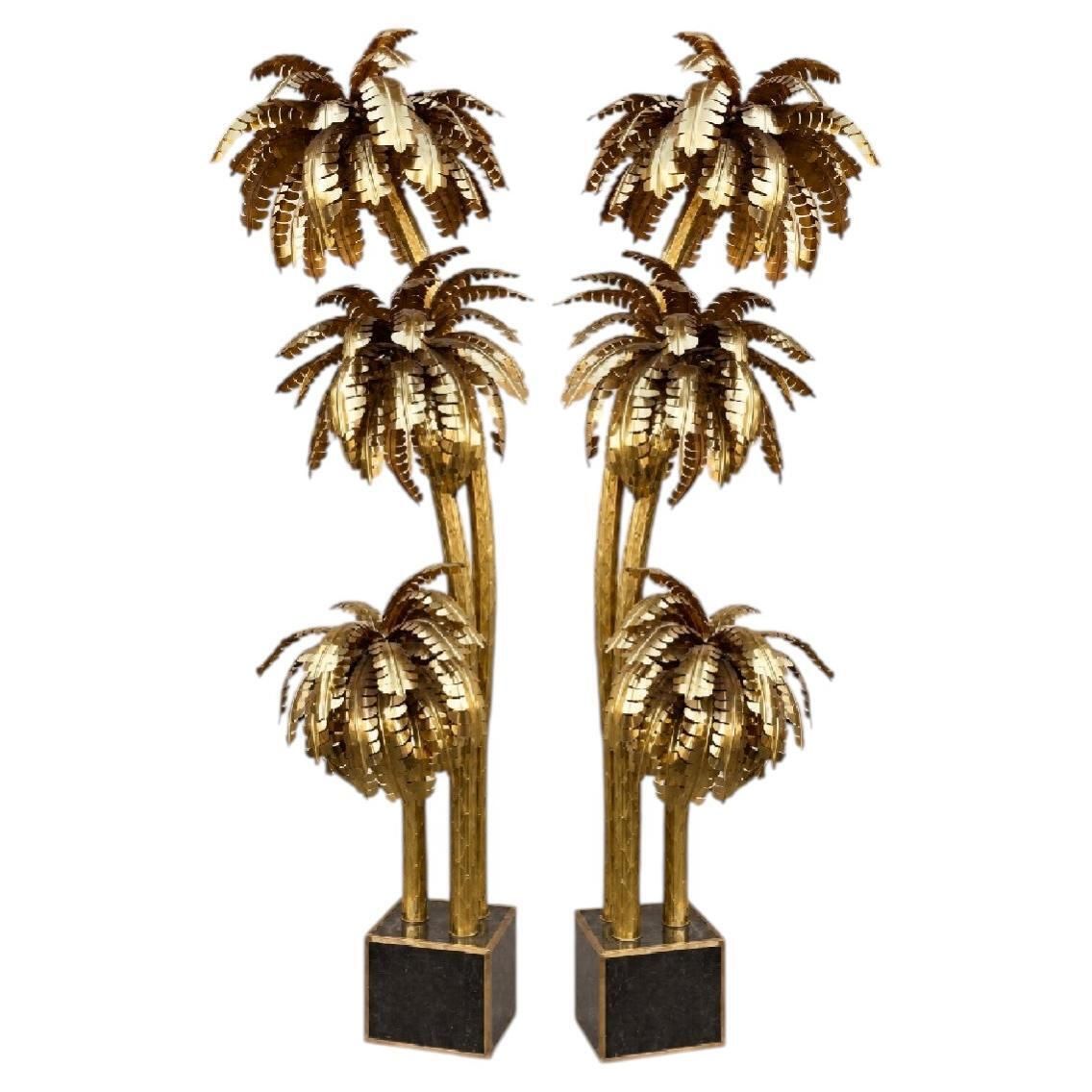 Pair Of Hollywood Regency Brass Palm Tree Floor Sculpture With Three Tier Palm
