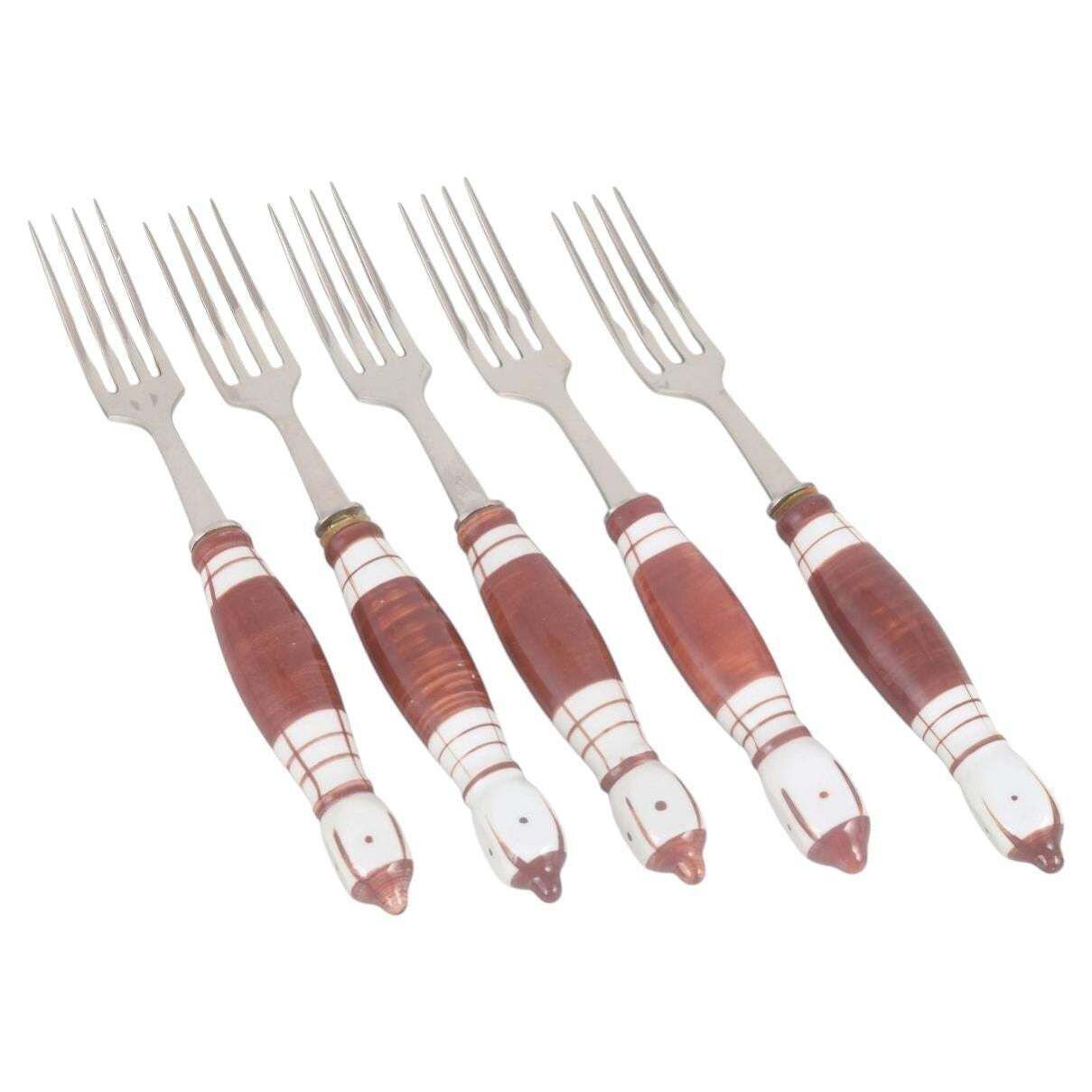 Bjørn Wiinblad, Rosenthal. Cinq fourchettes de table en acier inoxydable et porcelaine