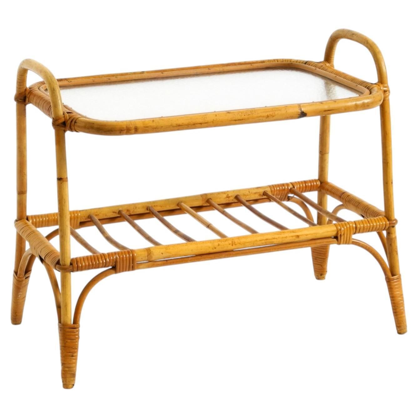 Klein Italiaans bamboe bijzettafeltje of salontafel uit de jaren 1960 met matglazen blad