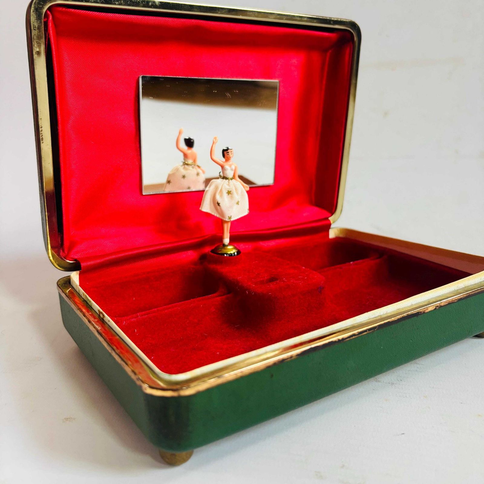 Vintage Reuge Swiss Musical Jewellery Box With Dancing Ballerina: La Blue Danube Green photo vinterior