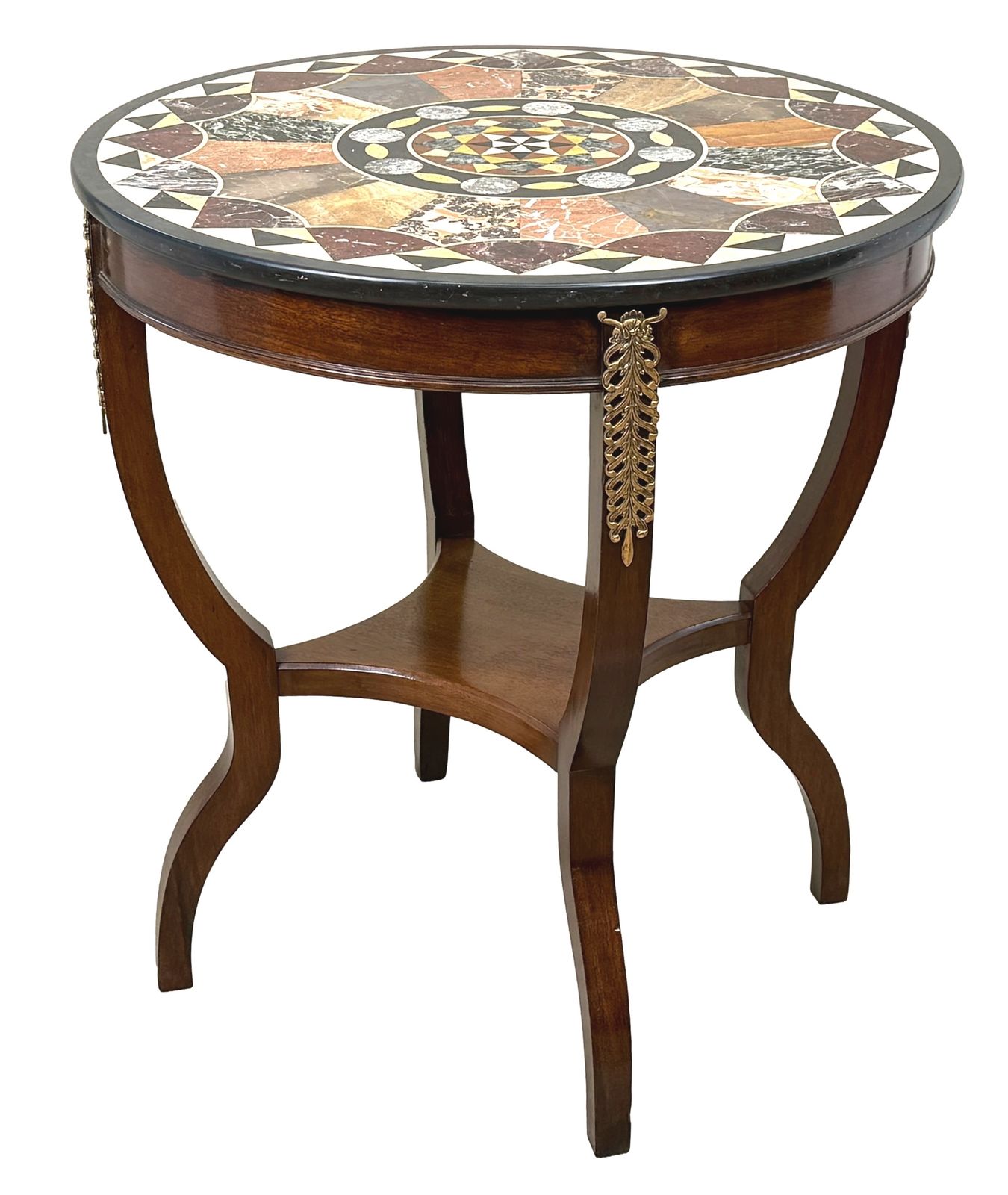 Table d'appoint circulaire à plateau en marbres spécimen, fin du XIXe siècle, par James Shoolbred (Angleterre, vers 1890) photo vintage