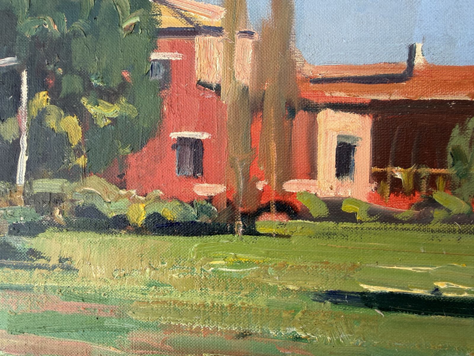 Rafael Duran Benet, Houses in Torcello, Venice, paysage italien post-impressionniste coloré, huile sur toile, 1985 photo for sale
