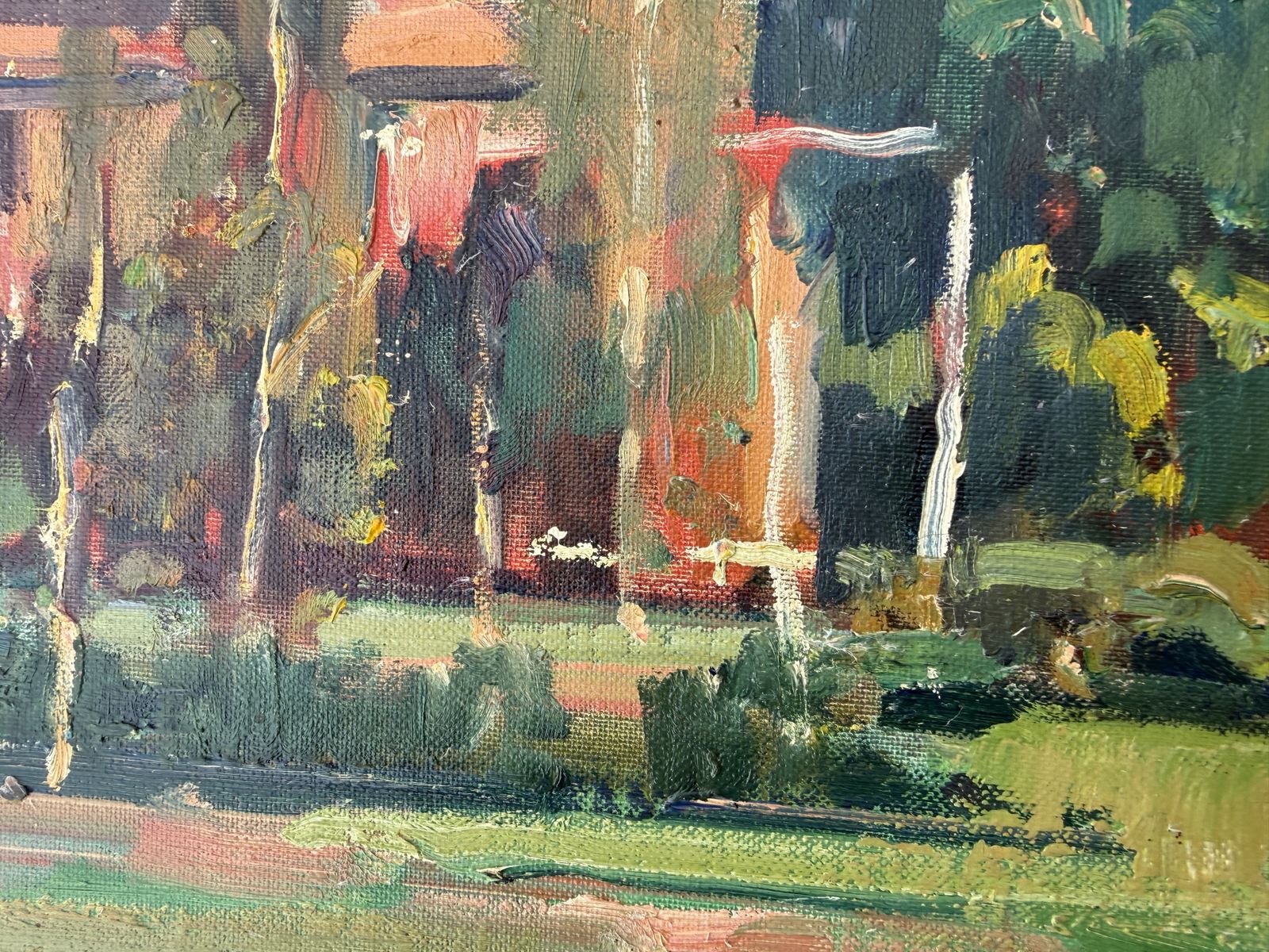 Rafael Duran Benet, Houses in Torcello, Venice, paysage italien post-impressionniste coloré, huile sur toile, 1985 photo vinterior