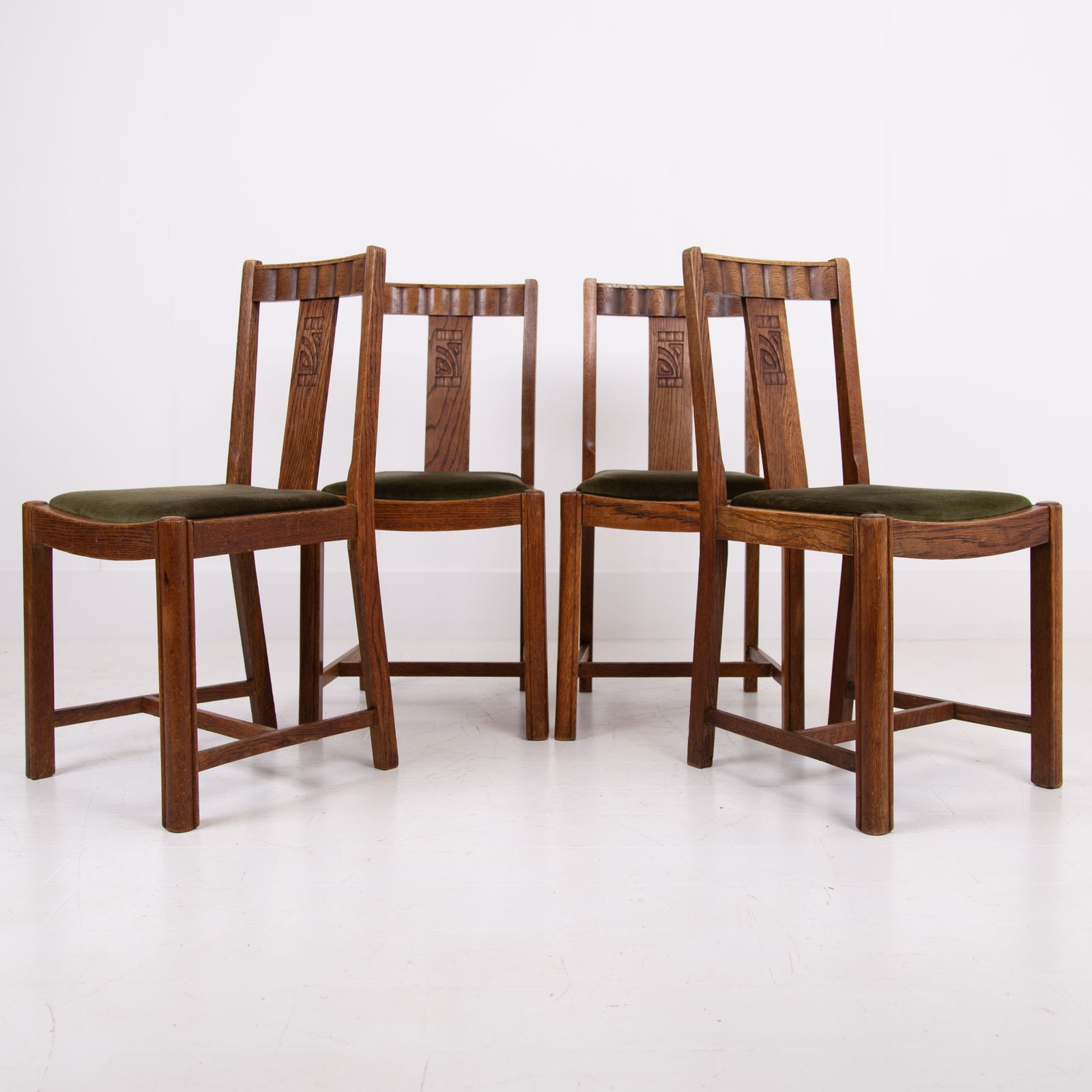 Art Deco Fine Set Of 4 English Oak Dining Chairs 1930s photo Furniture