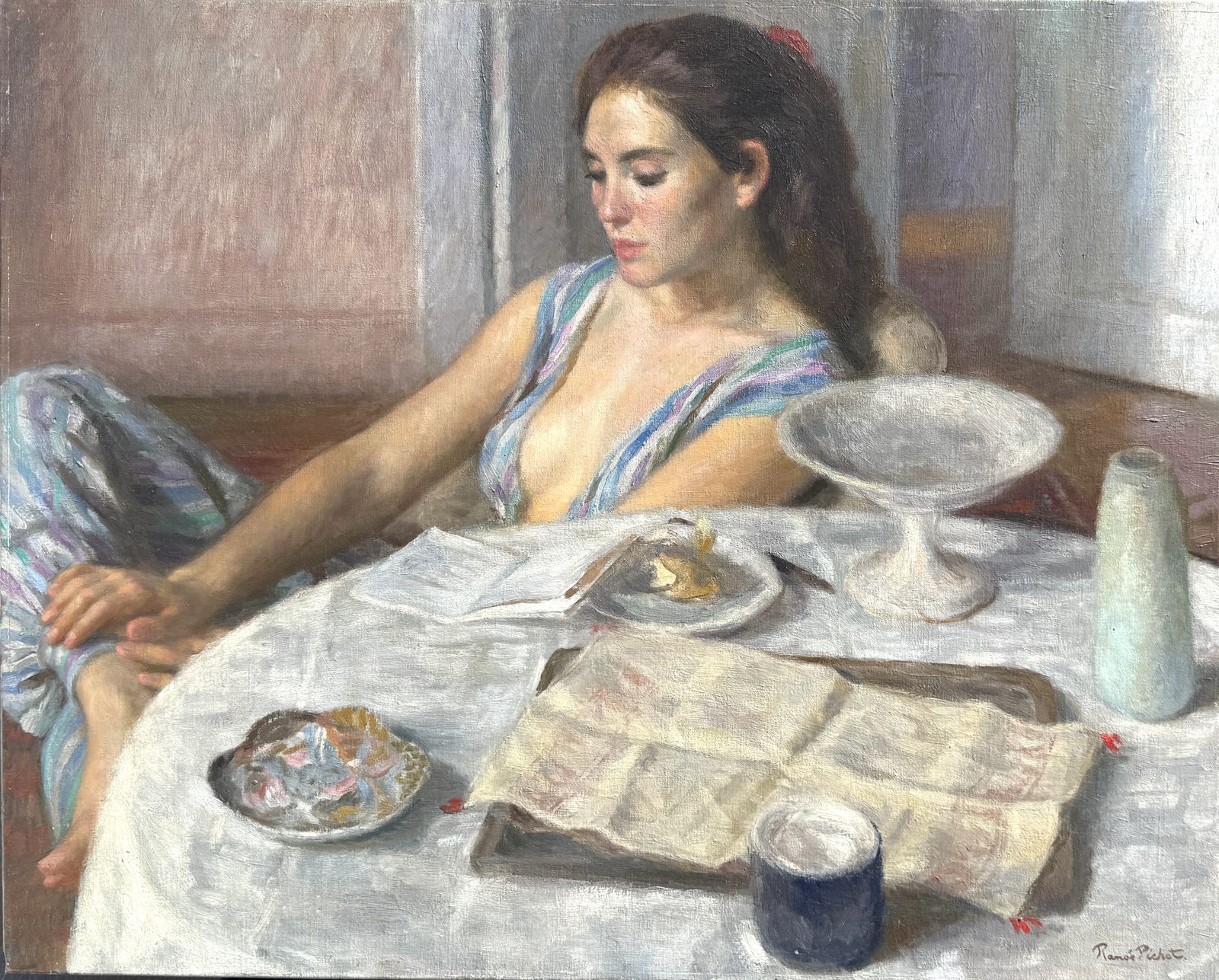 Ramon Pichot I Soler Original Spanish Post Impressionist Woman Reading At Breakfast Oil Painting XX 1970s
