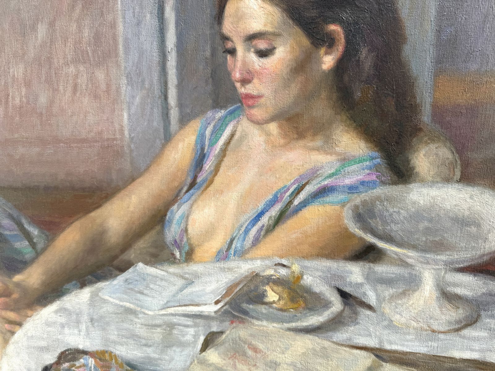 Ramon Pichot I Soler Original Spanish Post Impressionist Woman Reading At Breakfast Oil Painting XX 1970s photo buy