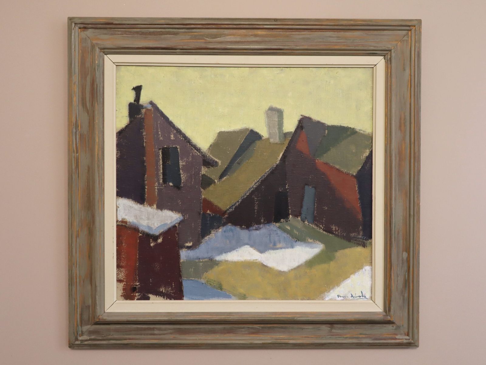 Huizen in de sneeuw, olieverf op doek