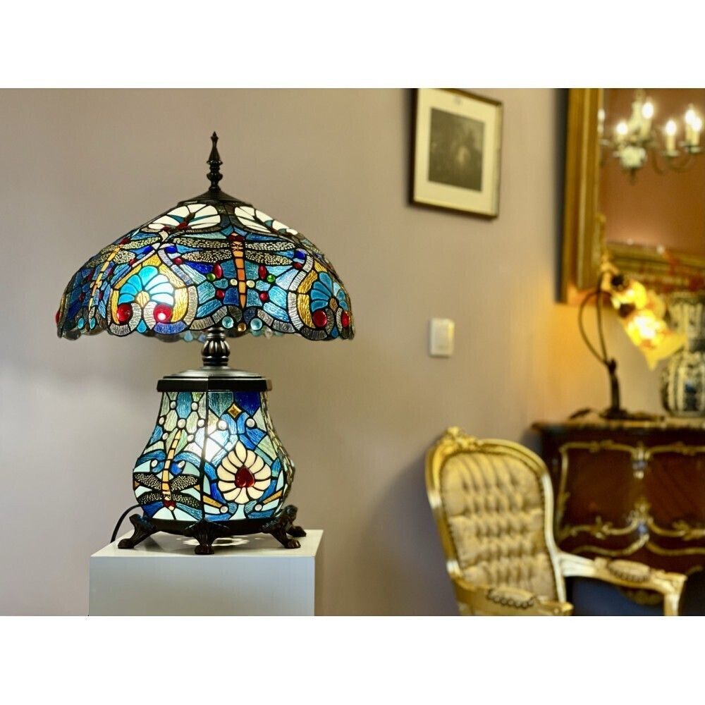 Tiffany Style Table Lamp – “The Queen” Blue Dragonfly – Stained Glass Art Nouveau Lamp photo furniture